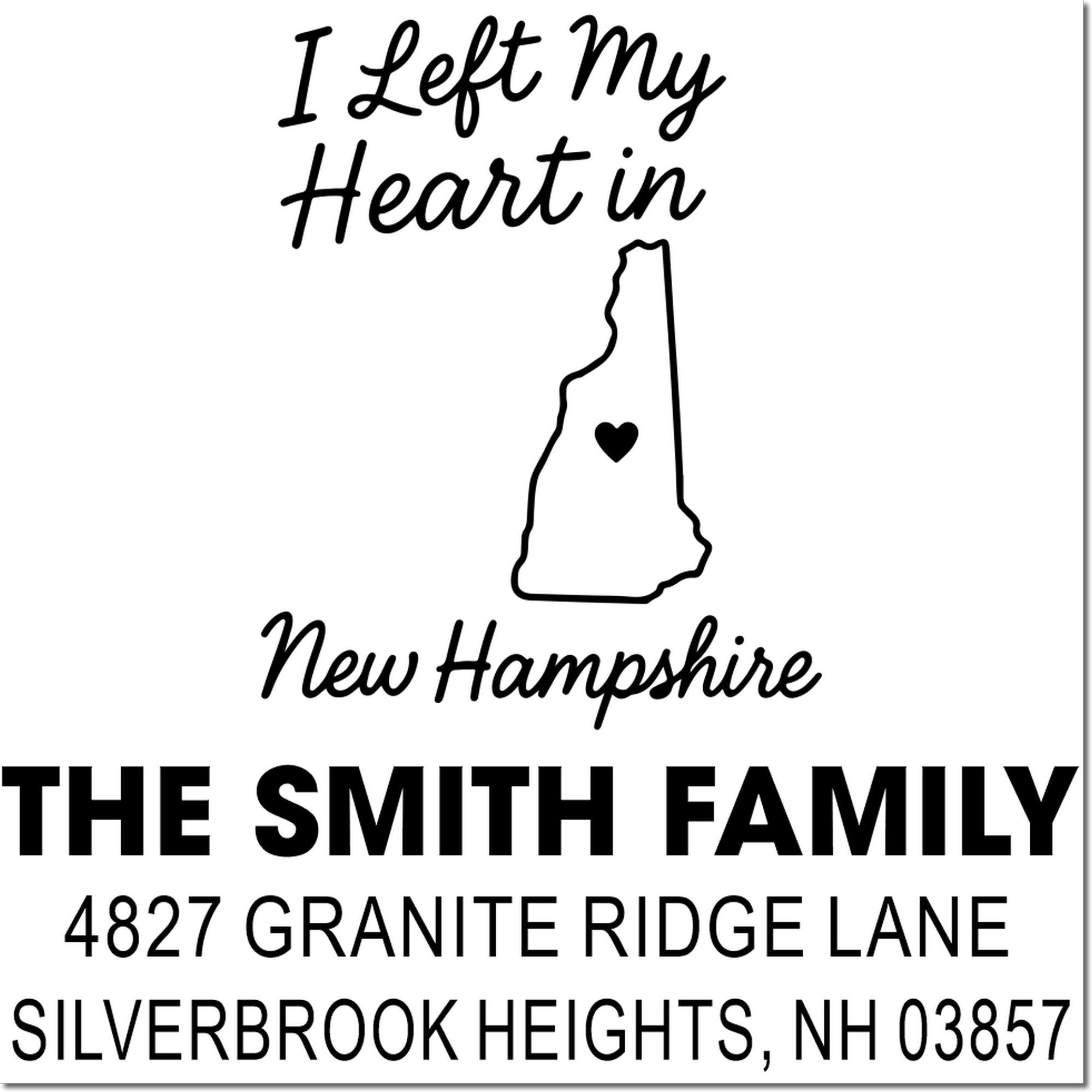 Custom New Hampshire address rubber stamp with state outline, heart icon, The Smith Family name, and Silverbrook Heights, NH address.