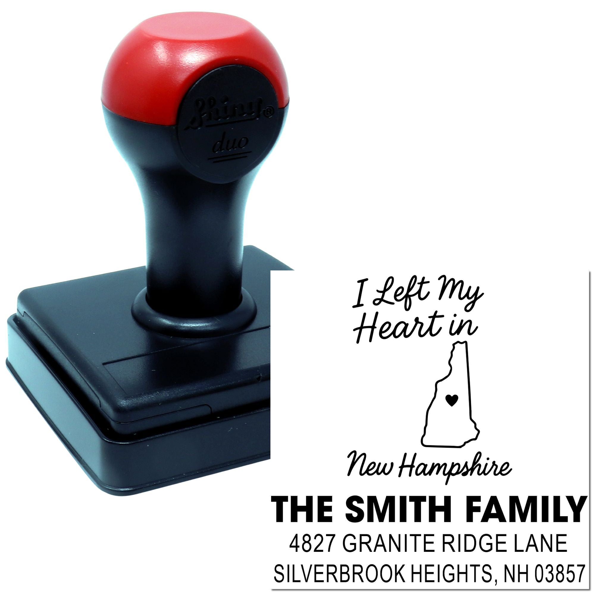 Custom self-inking rubber stamp with I Left My Heart in New Hampshire design and Smith family return address.