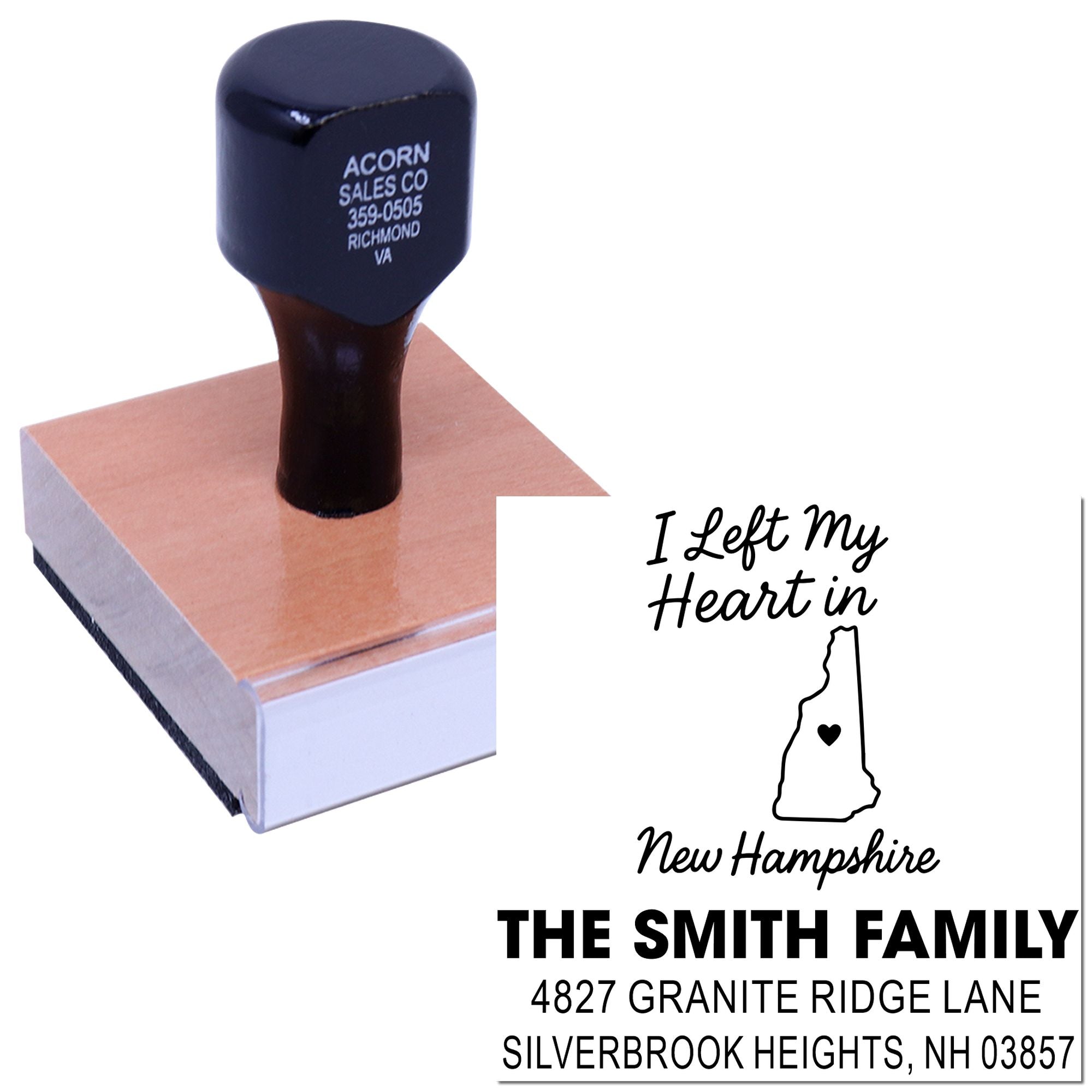 Custom rubber address stamp featuring New Hampshire heart design, family name, and address for personalized mailings.