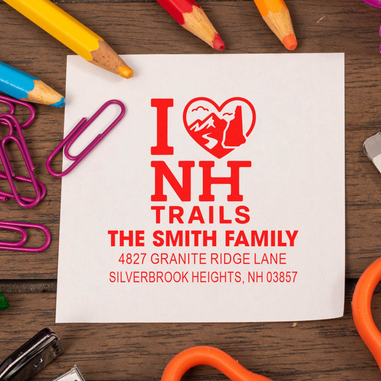 Custom family address rubber stamp with I Love NH Trails design, The Smith Family, Silverbrook Heights, NH.