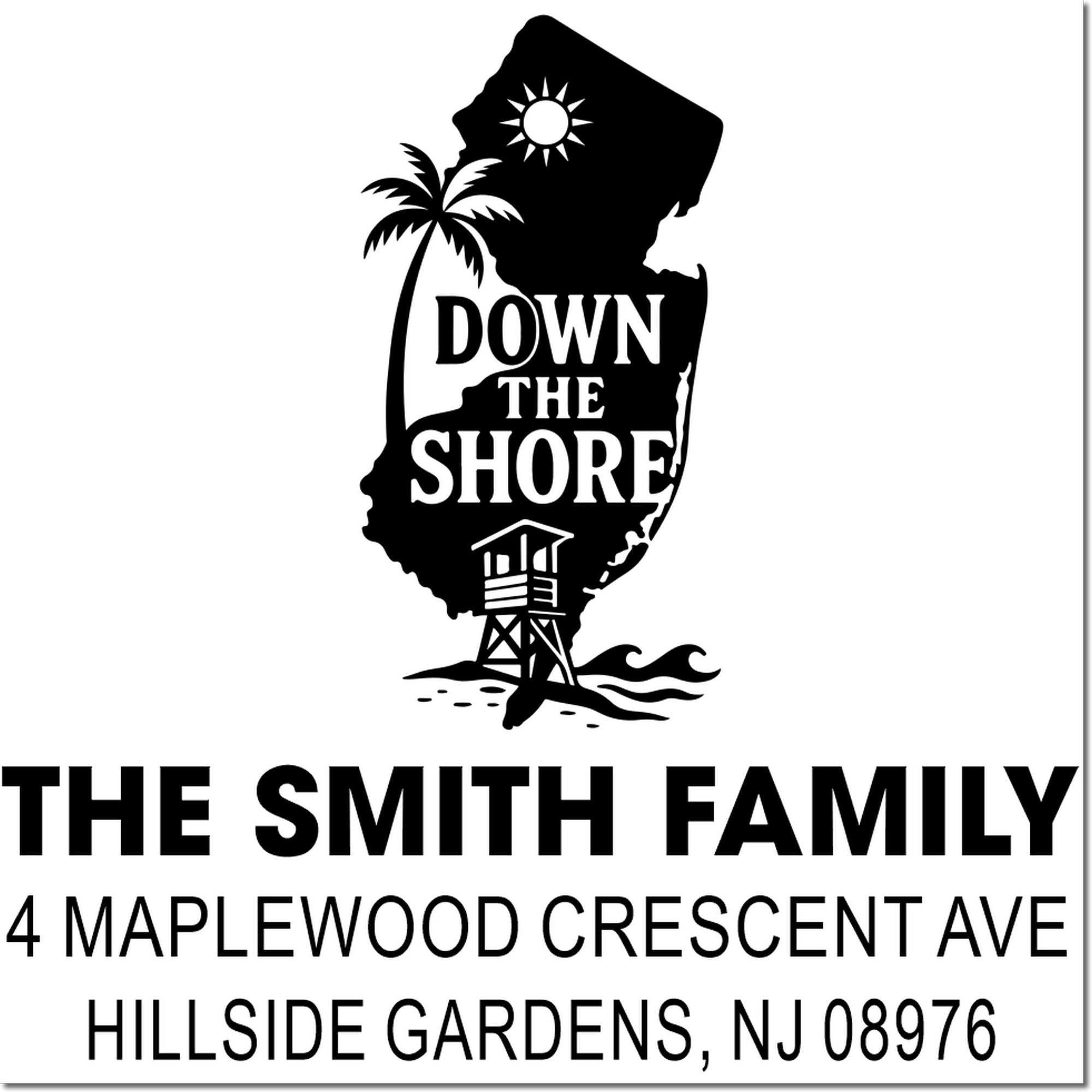Custom New Jersey shore return address rubber stamp with palm tree design and family name for mailing envelopes.