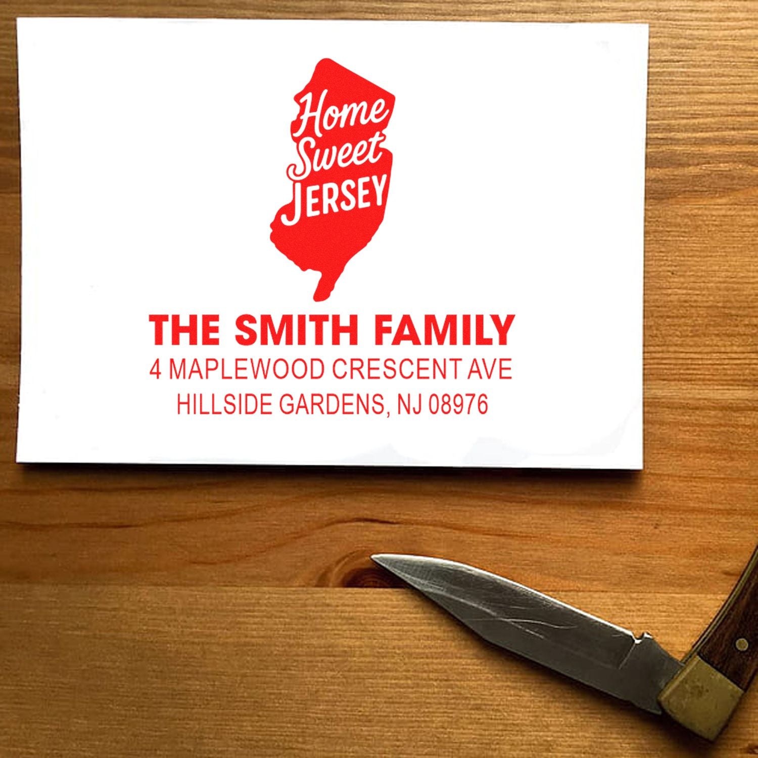 Personalized New Jersey return address rubber stamp with Home Sweet Jersey design and The Smith Family mailing details.