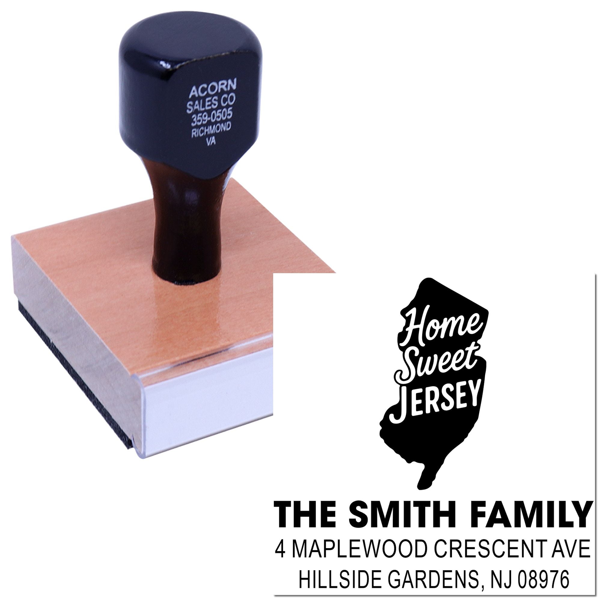 Custom address rubber stamp with Home Sweet Jersey design for The Smith Family, Hillside Gardens, NJ mailing labels.