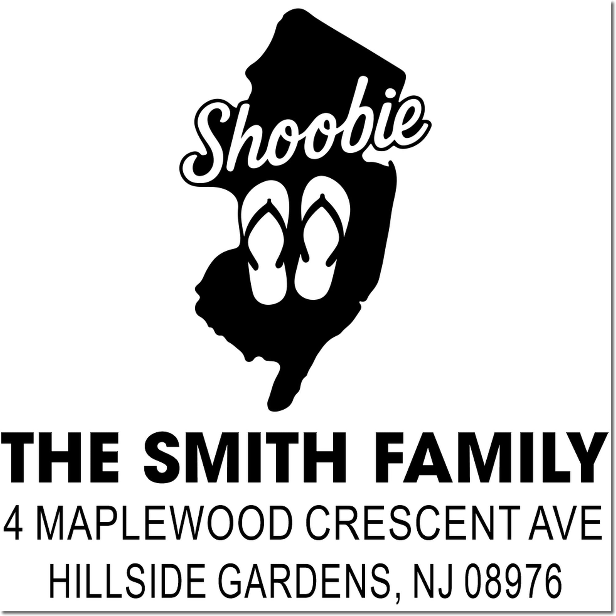 Custom New Jersey address rubber stamp for The Smith Family, 4 Maplewood Crescent Ave, Hillside Gardens, NJ 08976.