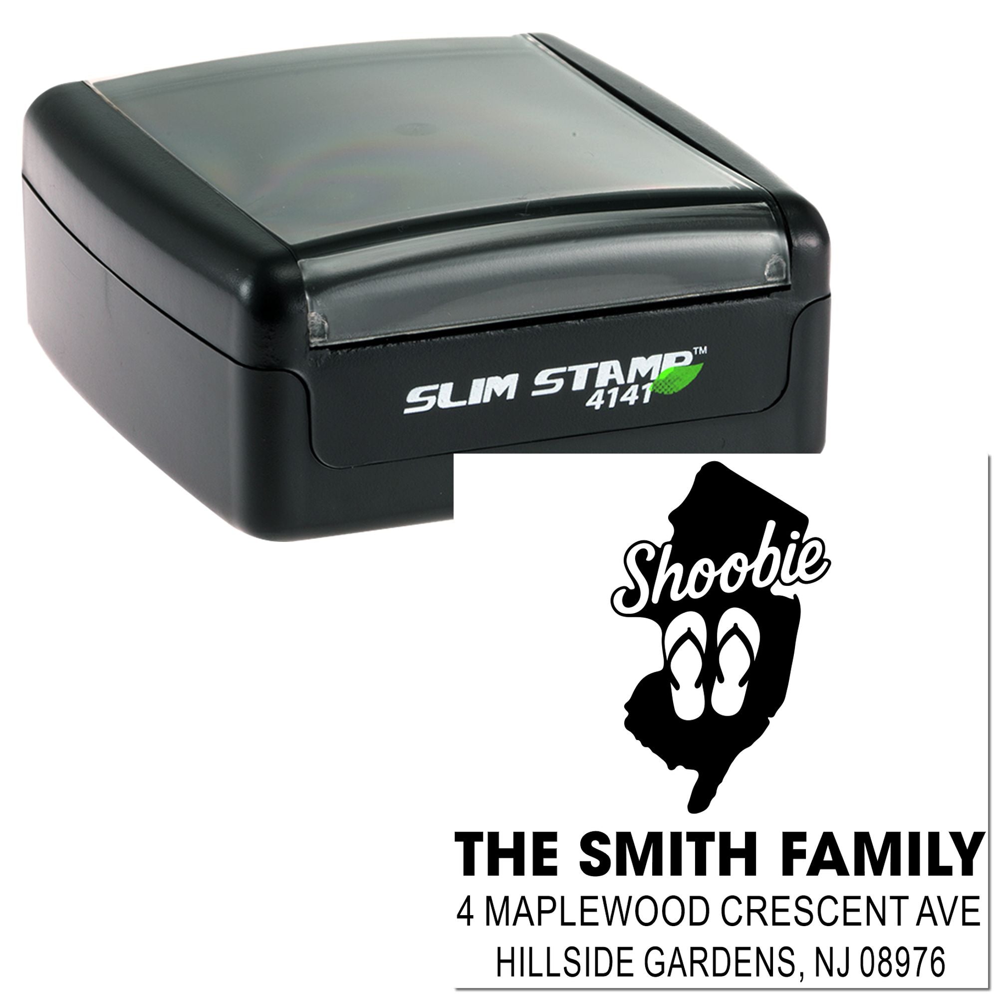 Custom address rubber stamp with Shoobie family name and return address, made for personalized mailing.