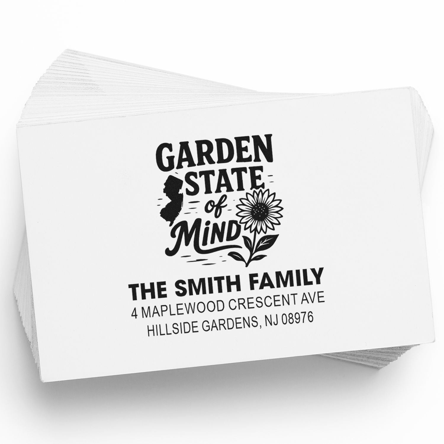 Custom Garden State of Mind rubber stamp with family name and return address for personalized mailings.