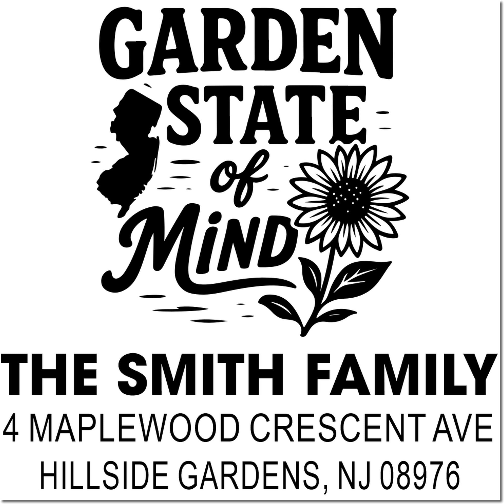 Custom garden-themed rubber address stamp for The Smith Family, 4 Maplewood Crescent Ave, Hillside Gardens, NJ 08976