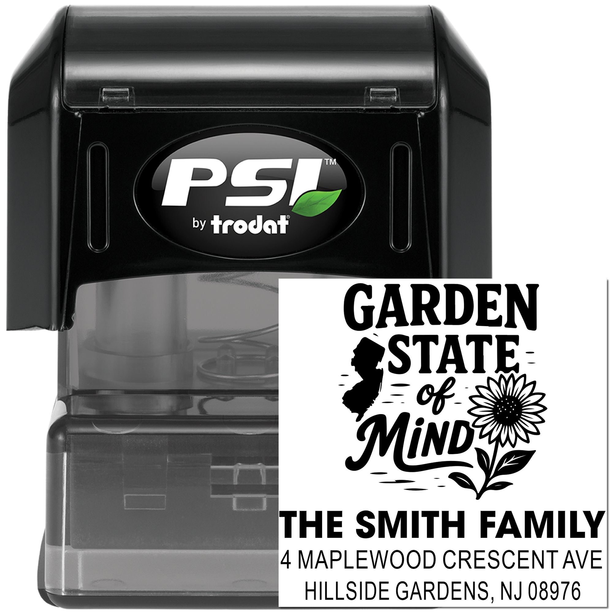 Custom PSI by Trodat rubber address stamp with Garden State of Mind design, The Smith Family name, and Hillside Gardens, NJ address.