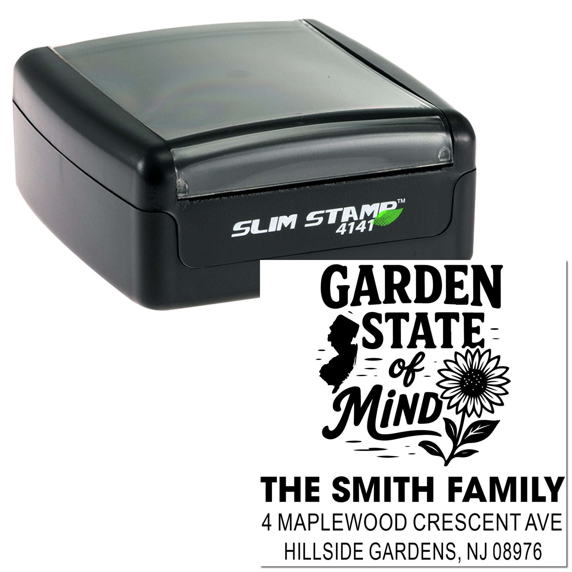 Custom self-inking slim rubber stamp with Garden State of Mind design, family name, and return address for mailing.