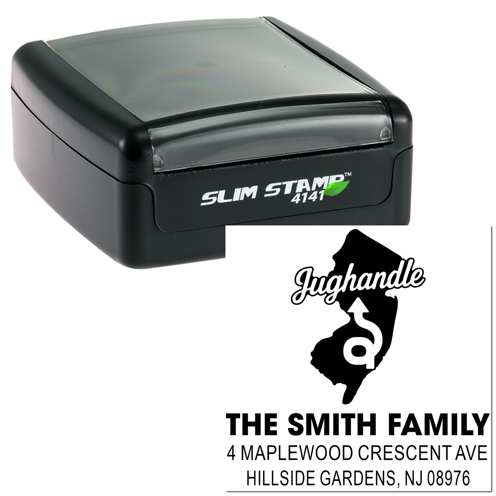 Slim Stamp 4141 self-inking custom return address rubber stamp with New Jersey jughandle design for the Smith family.