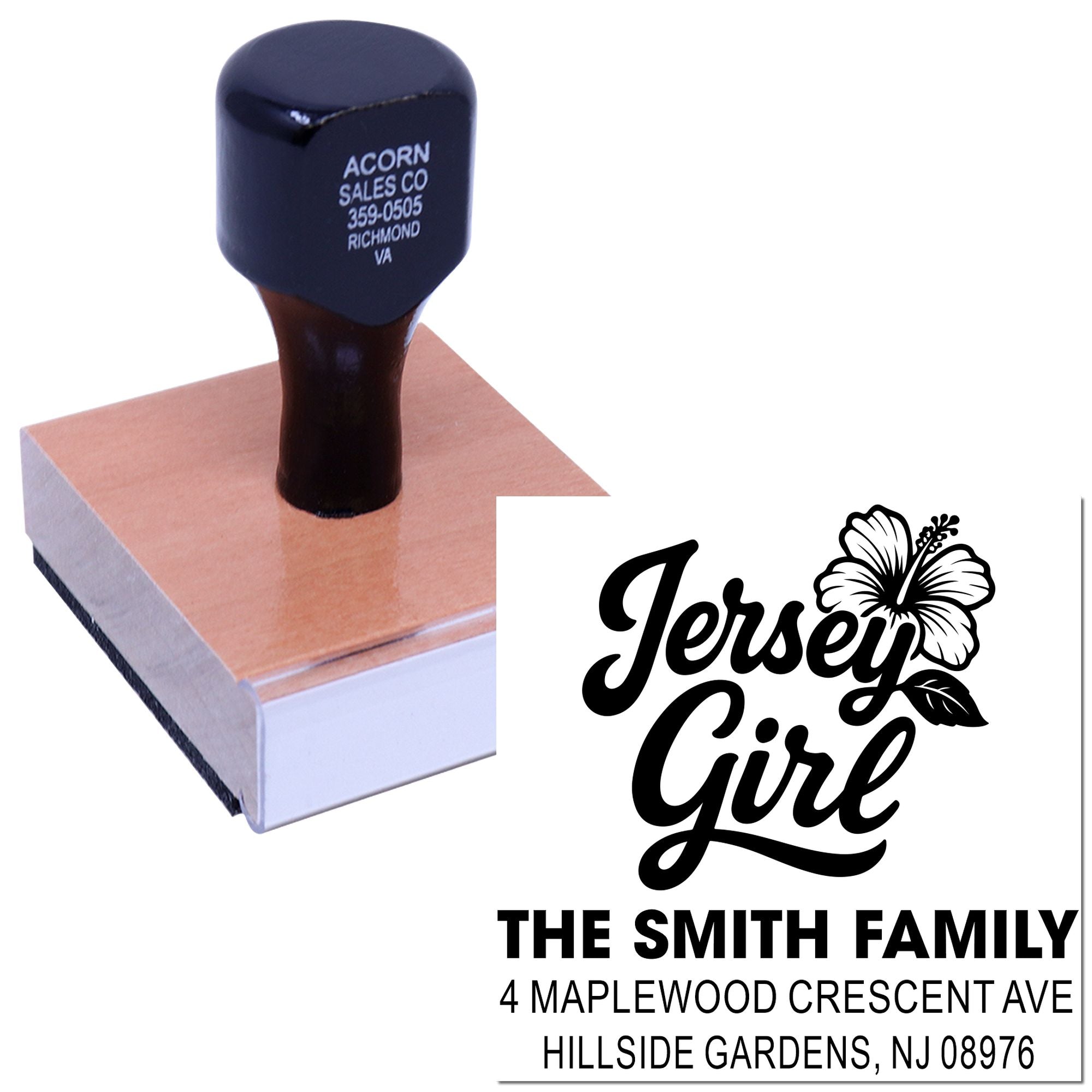Custom self-inking rubber address stamp with Jersey Girl design for The Smith Family return address.
