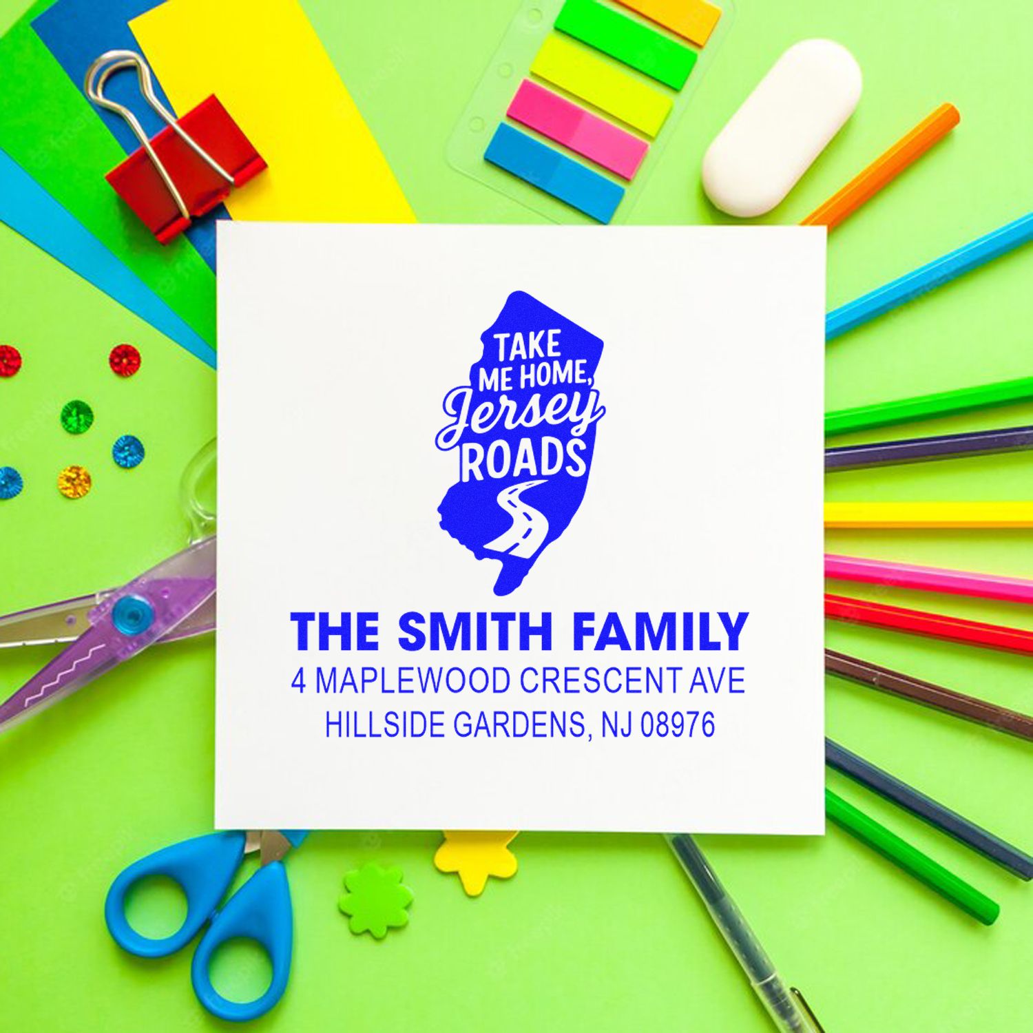 Custom personalized New Jersey return address rubber stamp for The Smith Family with Take Me Home, Jersey Roads design.