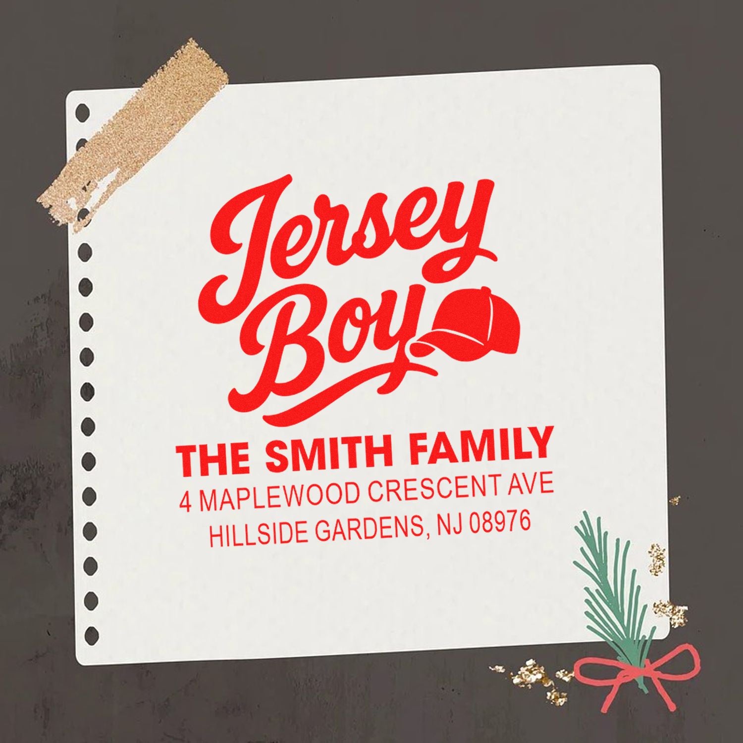 Custom Jersey Boy rubber address stamp with The Smith Family name and New Jersey return address.