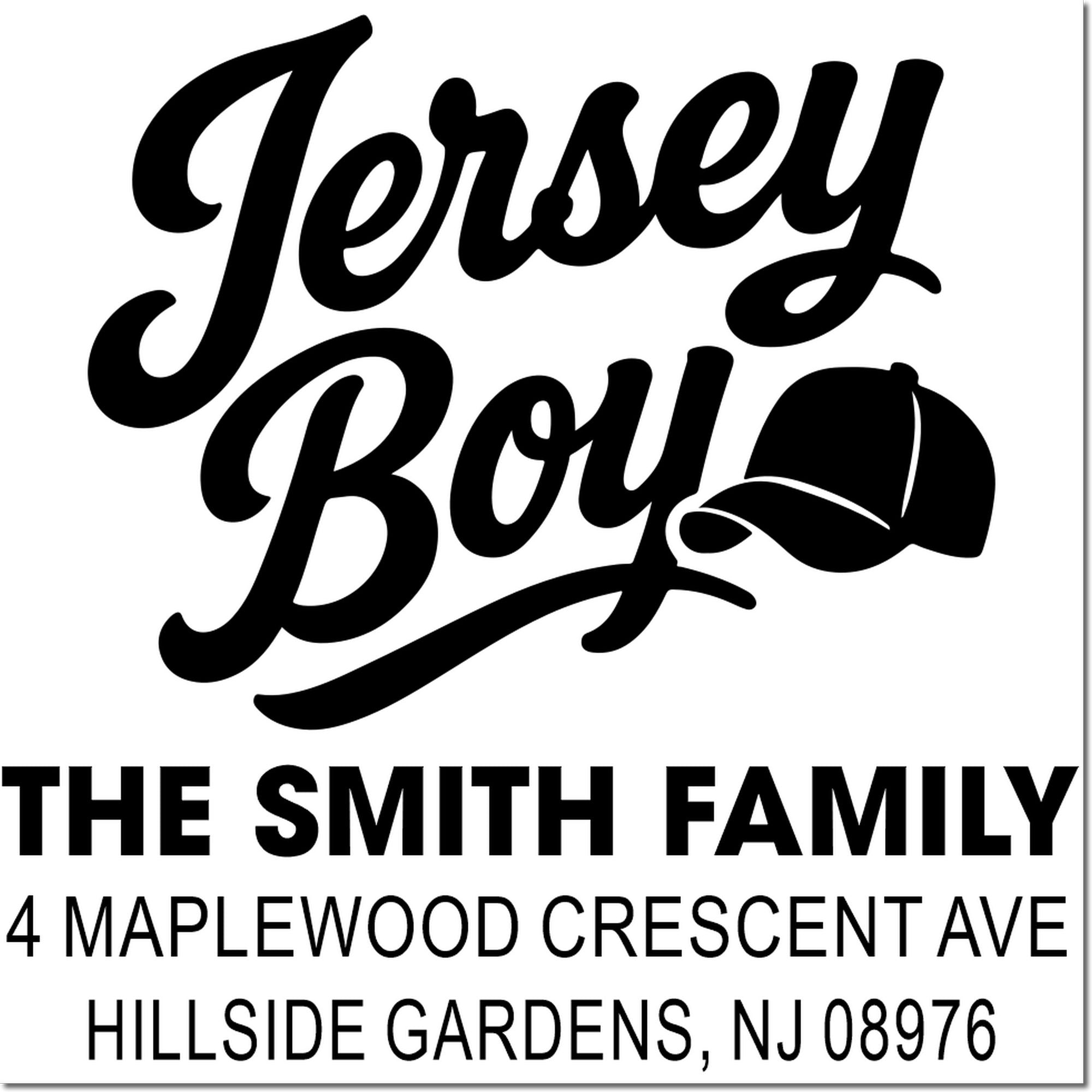 Custom Jersey Boy address rubber stamp for The Smith Family, featuring personalized mailing address in Hillside Gardens, NJ.