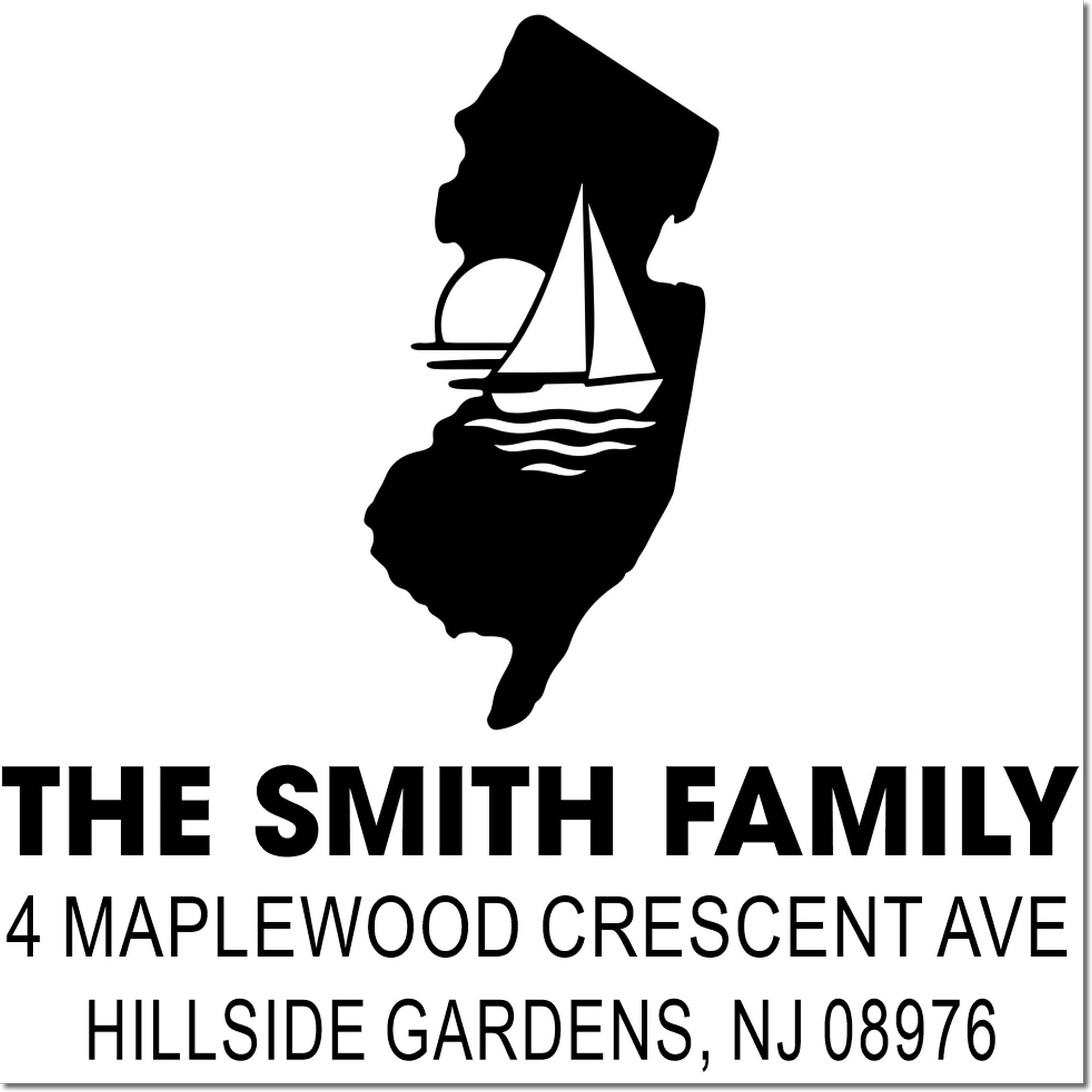 Custom New Jersey return address stamp with sailboat icon for The Smith Family, 4 Maplewood Crescent Ave, Hillside Gardens, NJ 08976