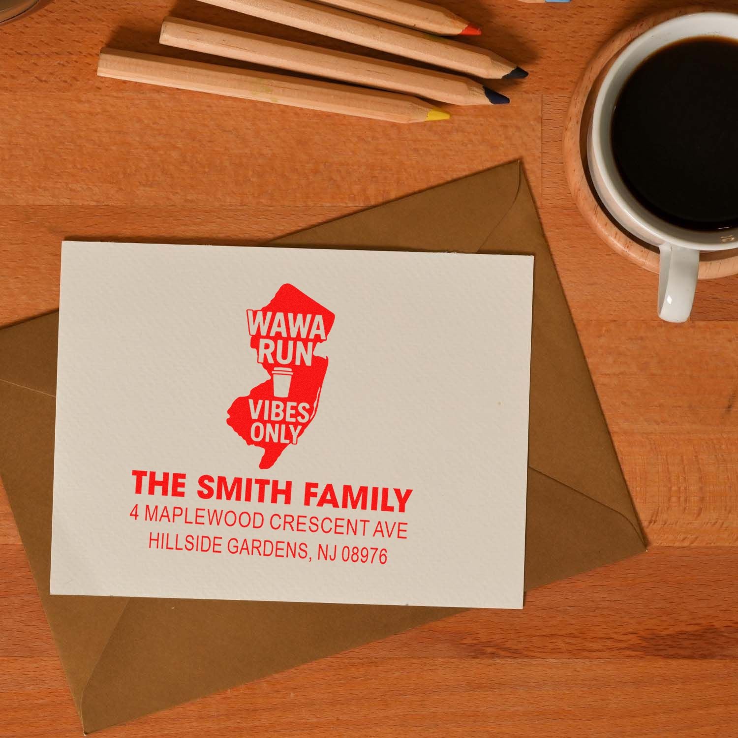 Personalized rubber stamp with New Jersey return address and Wawa Run Vibes Only design for custom family envelopes.