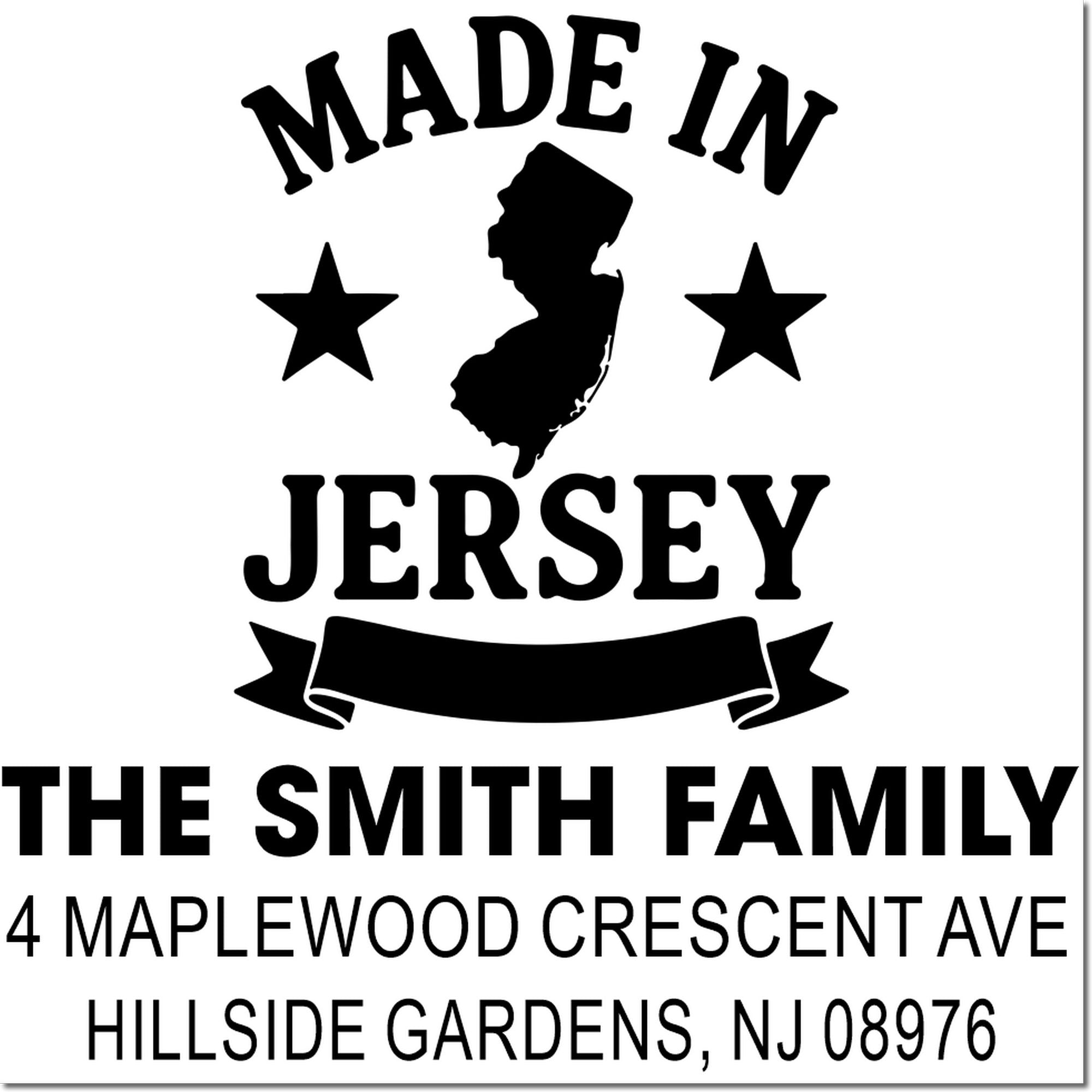 Custom New Jersey return address rubber stamp for The Smith Family, 4 Maplewood Crescent Ave, Hillside Gardens, NJ 08976.