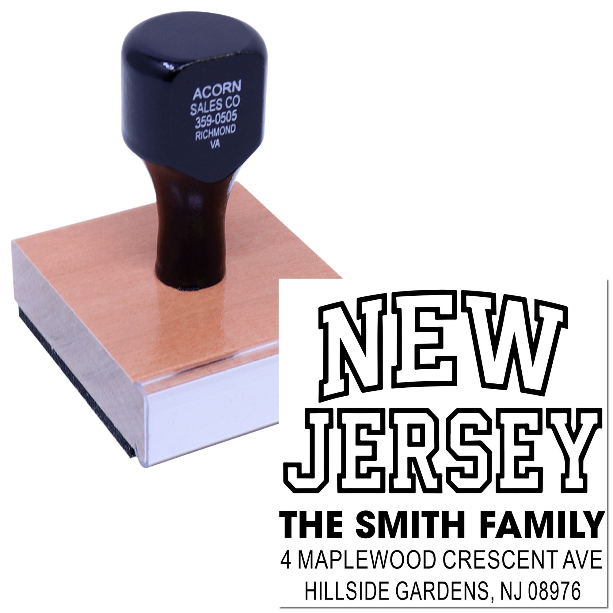 Custom self-inking New Jersey rubber address stamp for envelopes, featuring family name and mailing address.