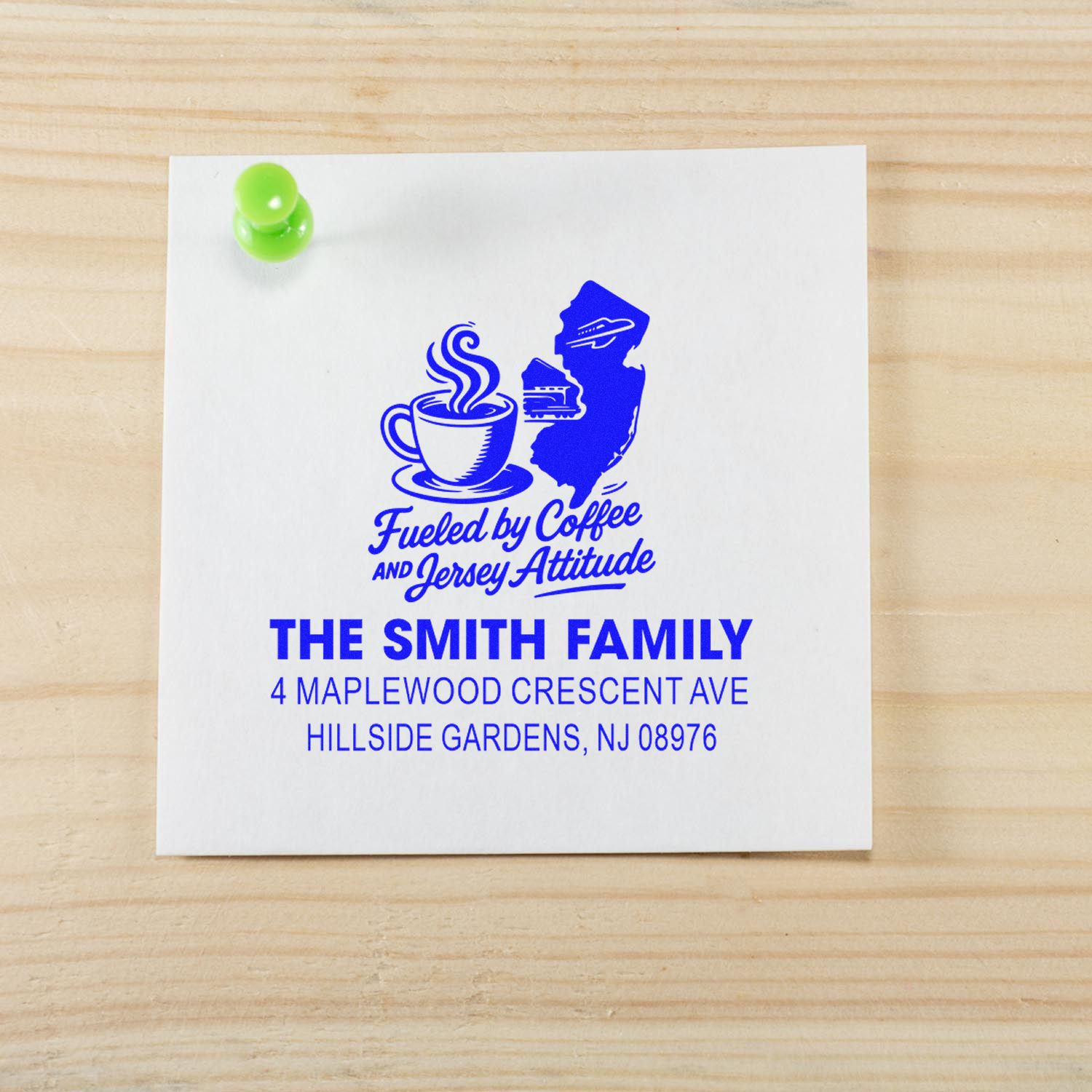 Custom address rubber stamp with coffee design for The Smith Family, featuring New Jersey silhouette and return address.