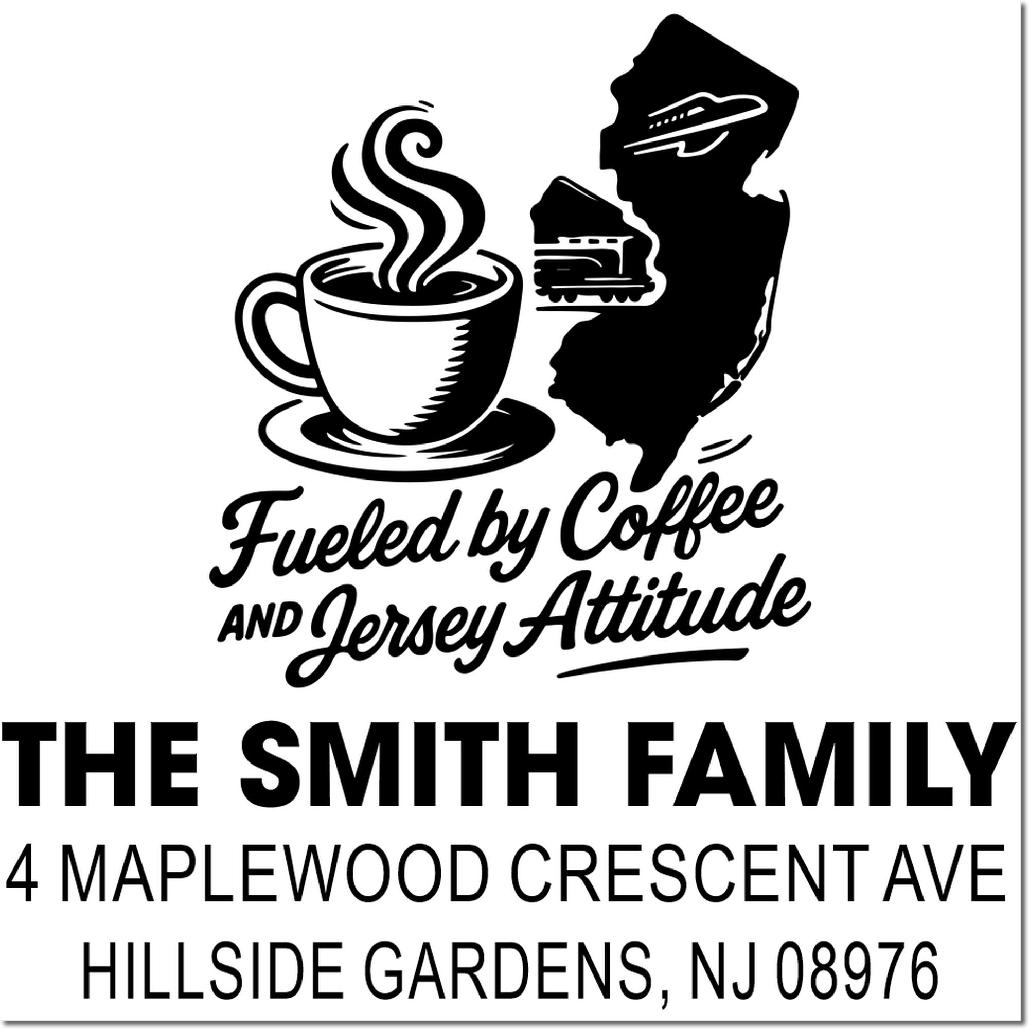 Custom New Jersey address rubber stamp with coffee cup icon and Fueled by Coffee and Jersey Attitude slogan