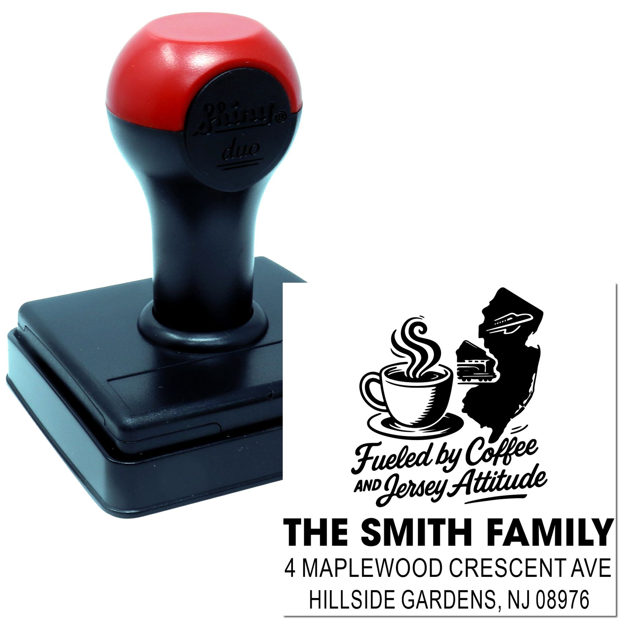 Custom self-inking rubber stamp with personalized coffee-themed family address imprint and Jersey attitude design.