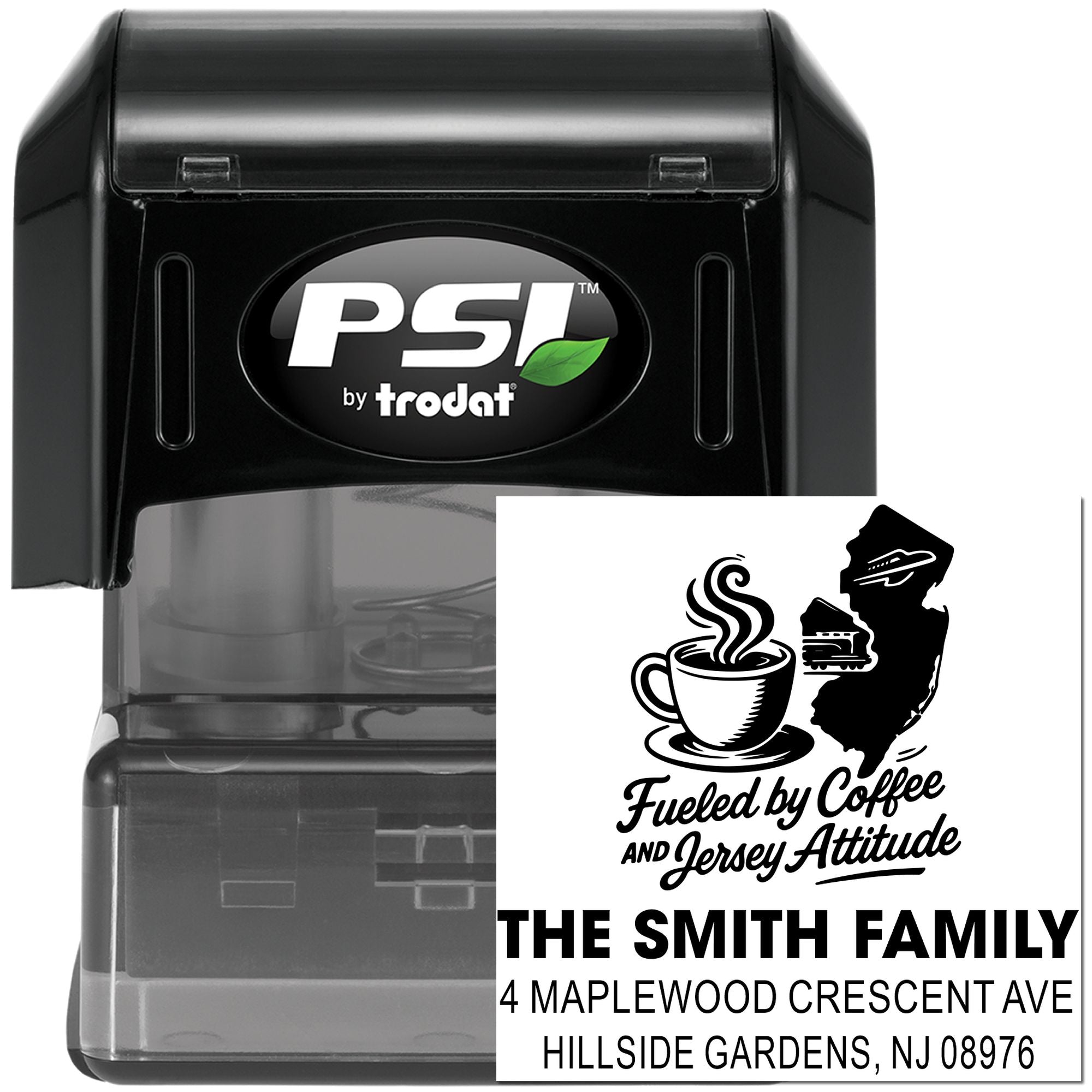 Personalized self-inking address rubber stamp by PSI Trodat with coffee-themed family name and return address design.