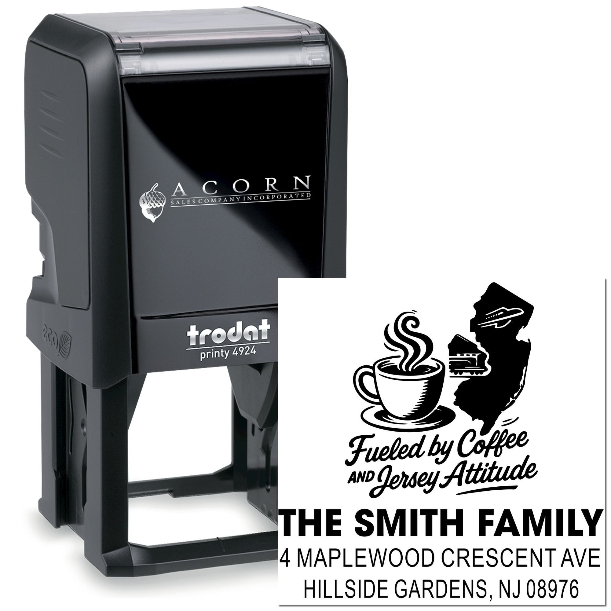 Custom self-inking address rubber stamp with coffee-and-Jersey design, family name, and mailing address on a Trodat Printy 4924 stamper.