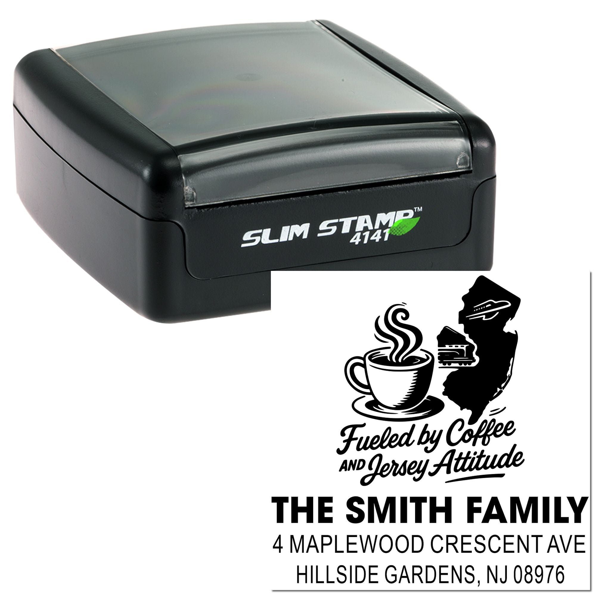 Custom self-inking rubber address stamp with coffee-themed family name and return address design, Slim Stamp 4141.