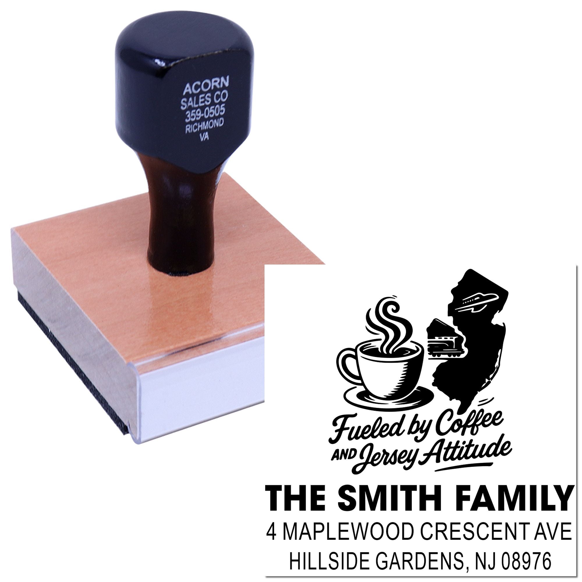 Custom rubber stamp for personalized address, logo, and coffee-themed family imprint, ideal for business mail and branding.