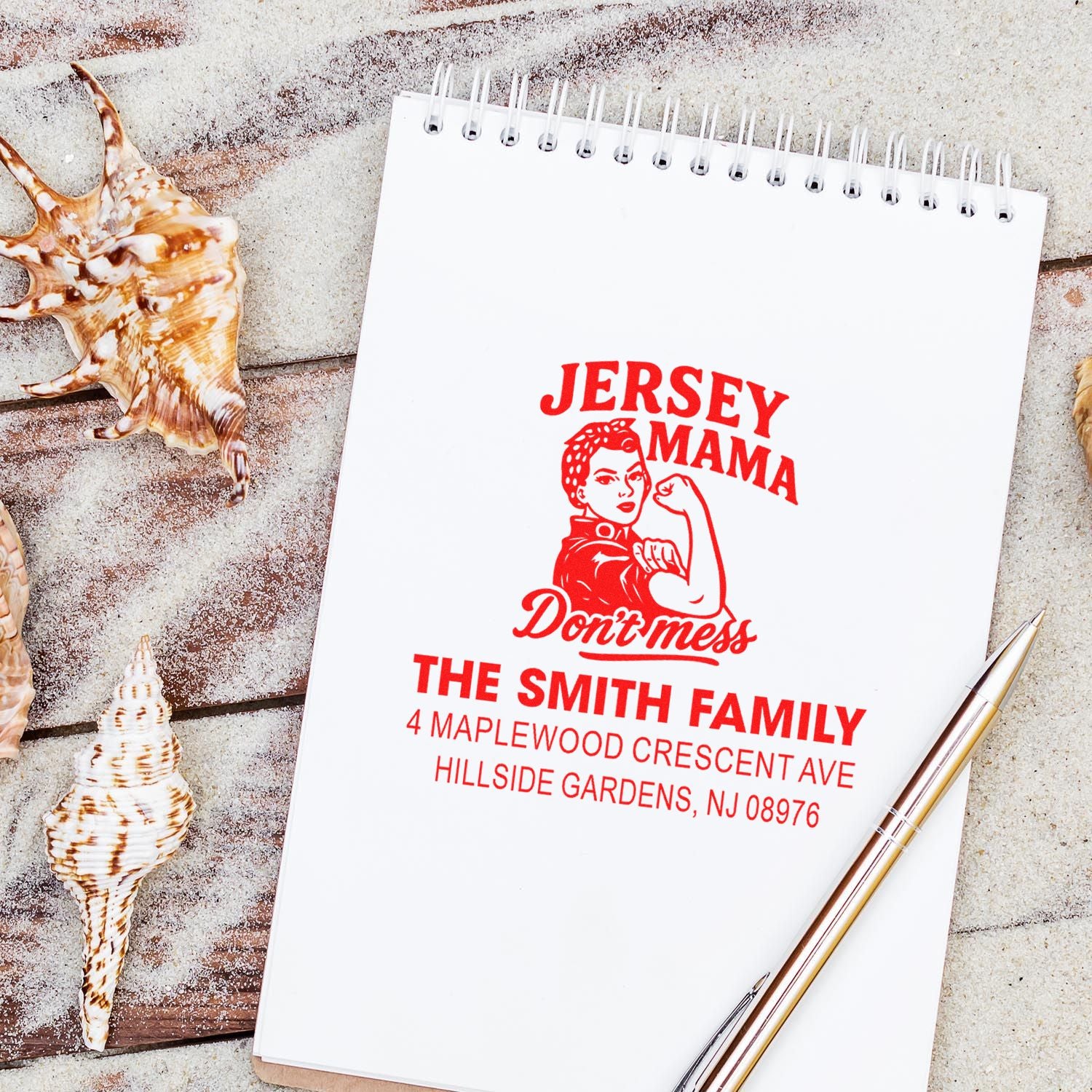 Custom family address rubber stamp for The Smith Family, featuring Jersey Mama design for personalized mail and packaging.