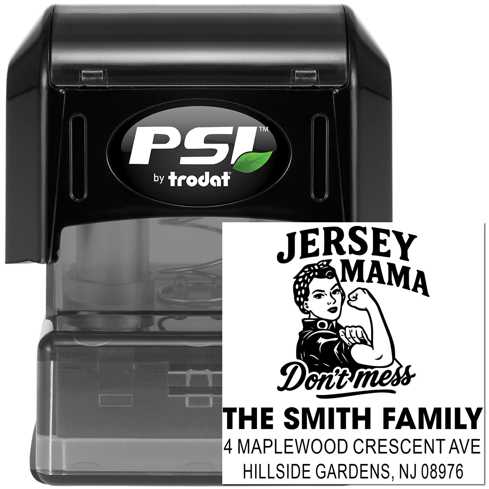 Custom self-inking rubber stamp with Jersey Mama design and family return address, PSI by Trodat.