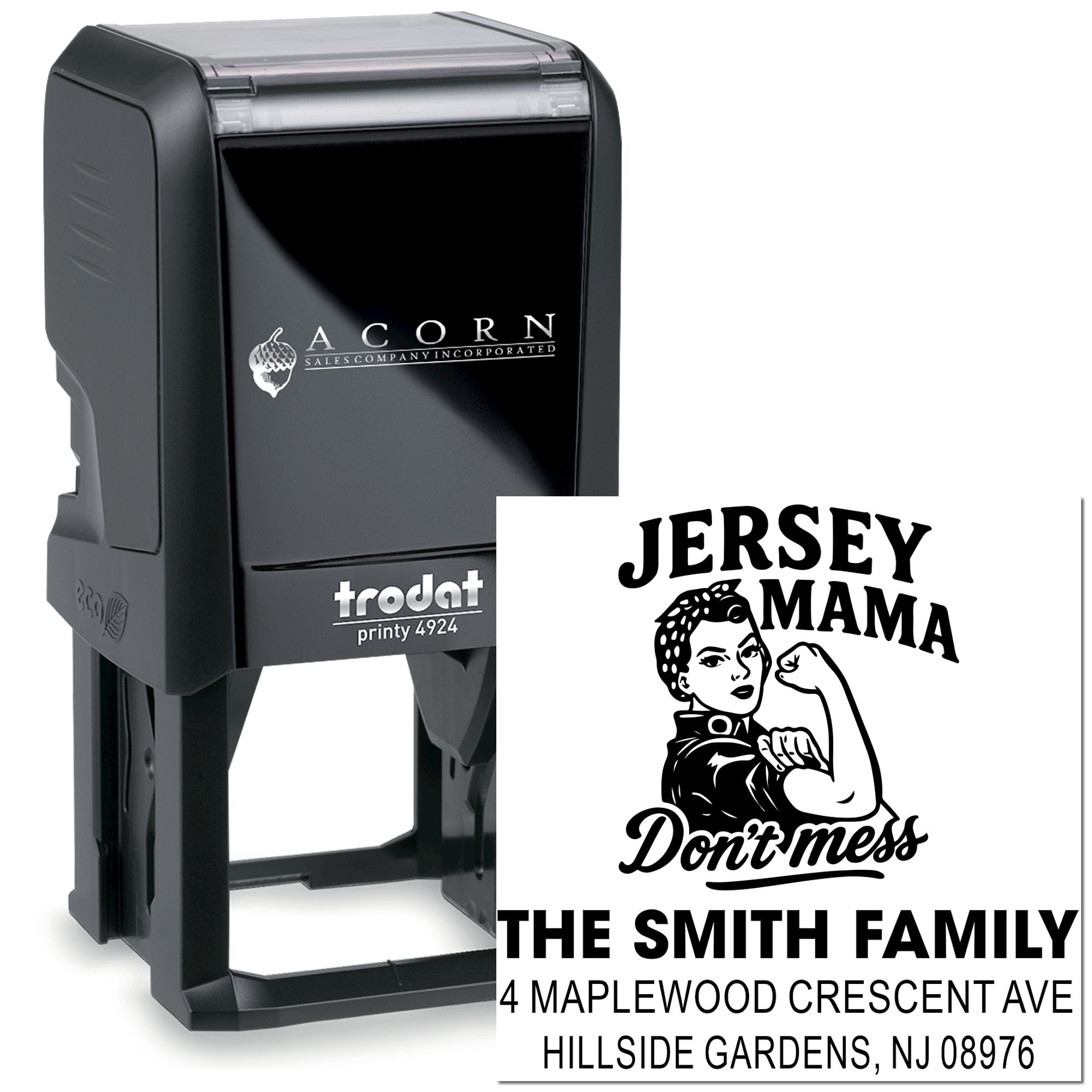 Trodat self-inking custom rubber stamp with personalized family address imprint for envelopes and mailings.