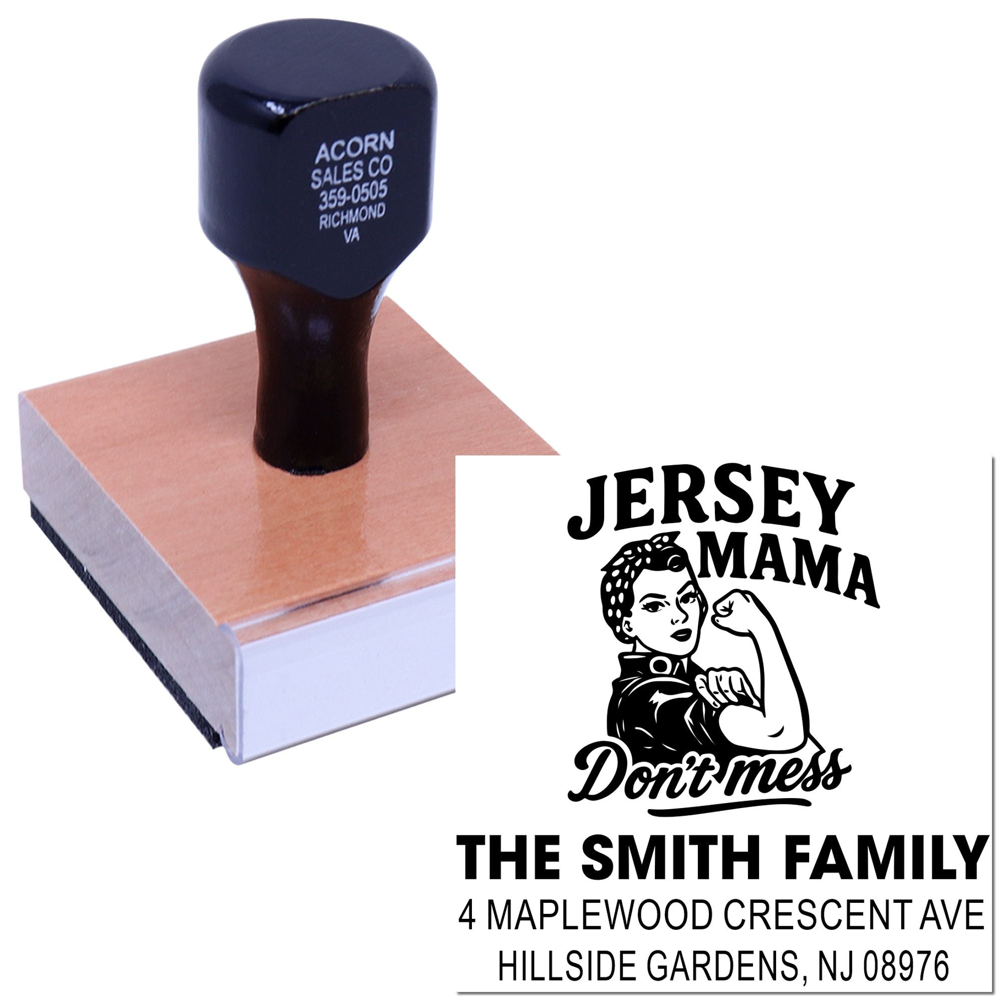 Custom family address rubber stamp with Jersey Mama design for personalized envelopes, mail, and craft projects.
