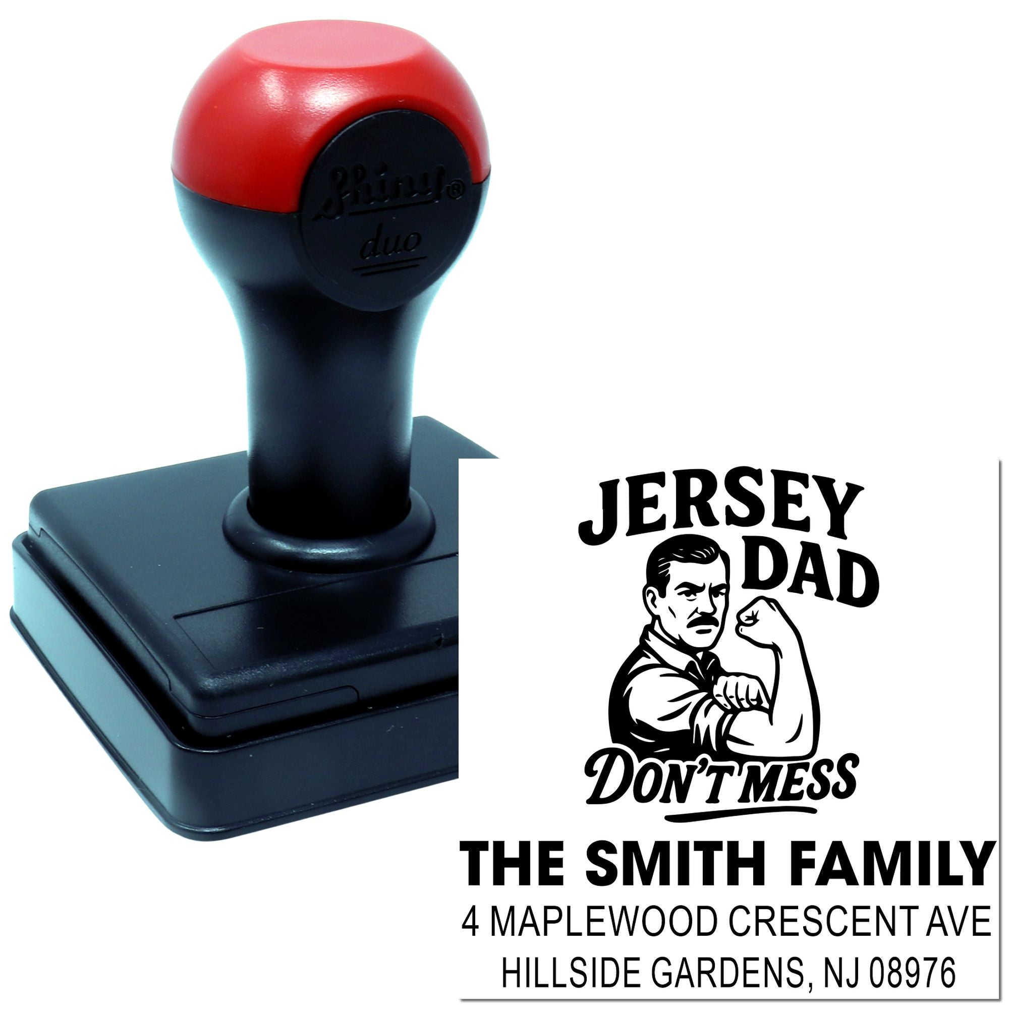 Personalized self-inking rubber stamp with Jersey Dad design and custom family address for mailing and return labels.