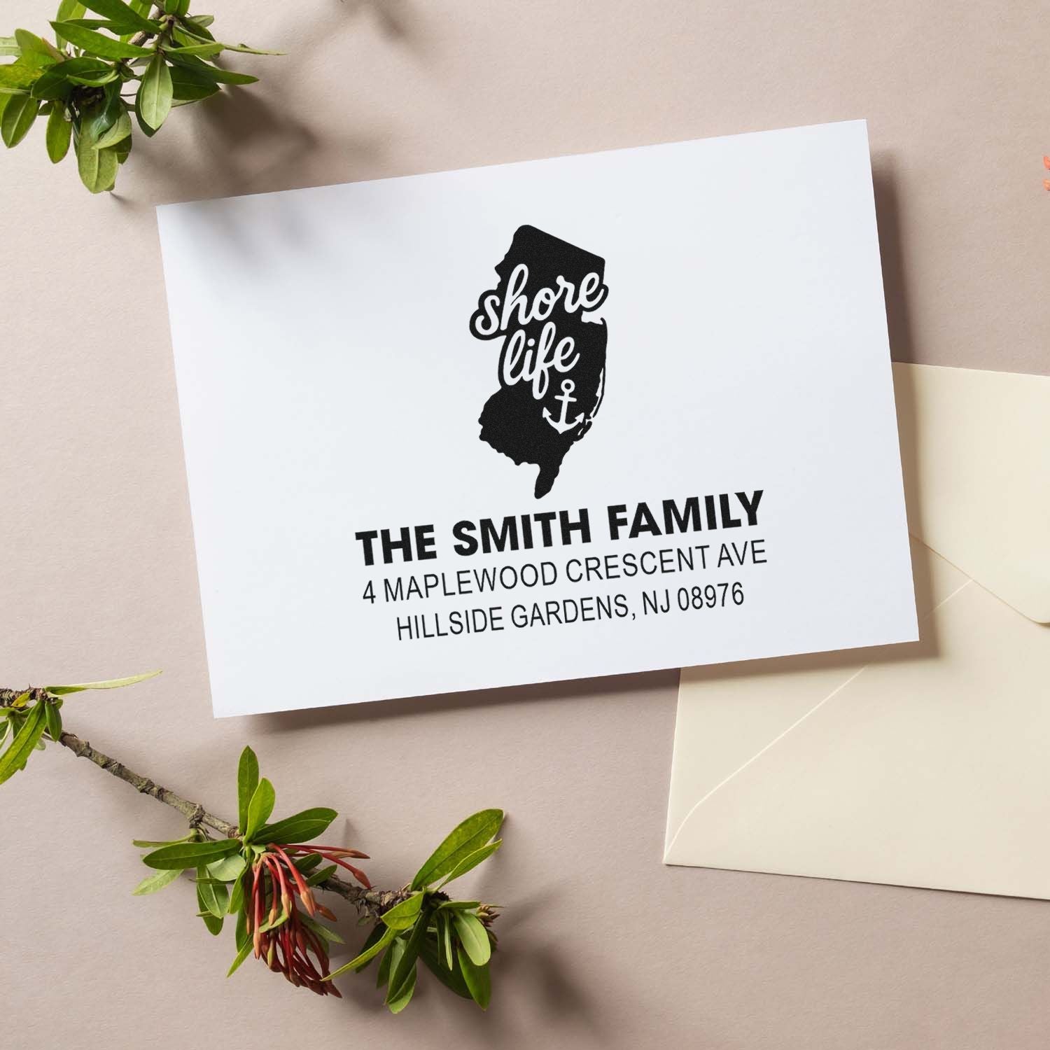 Custom shore life address rubber stamp for family mail, featuring a New Jersey silhouette and personalized return address.