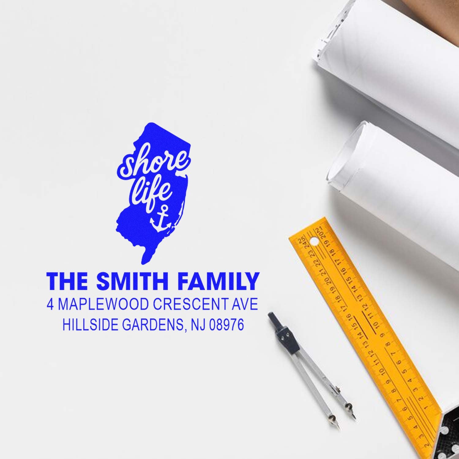 Custom rubber address stamp with Shore Life New Jersey design, The Smith Family return address, Hillside Gardens NJ.