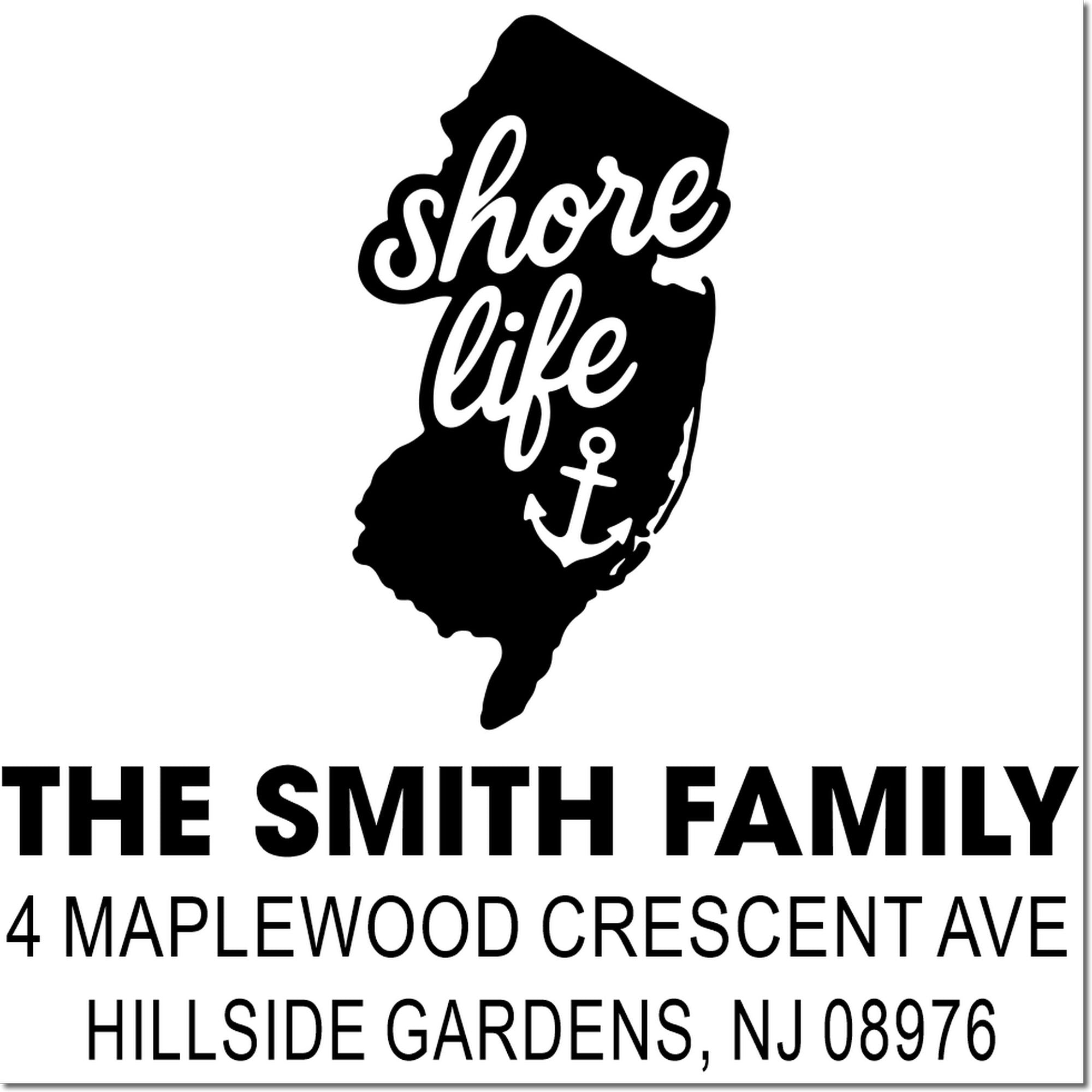 Custom New Jersey return address rubber stamp with Shore Life design for The Smith Family, Hillside Gardens, NJ 08976.