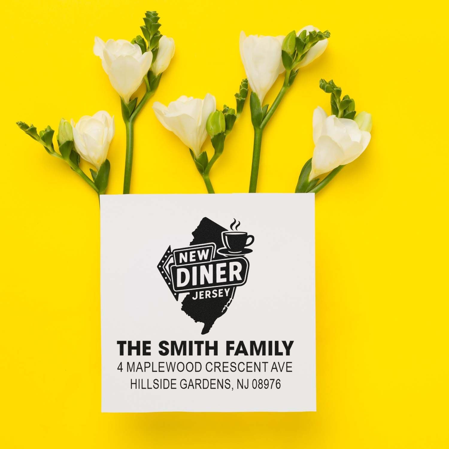 Personalized address rubber stamp with New Jersey diner logo for The Smith Family, ideal for custom business mail and return addresses.