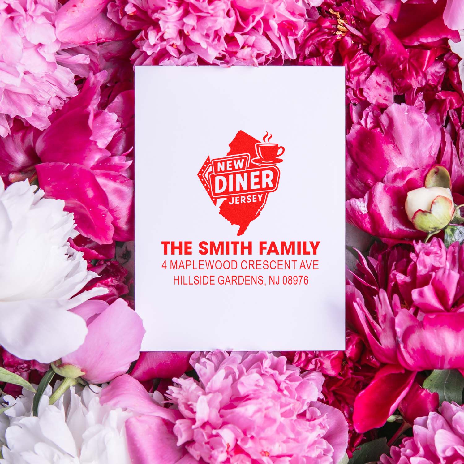 Custom return address rubber stamp for The Smith Family with New Jersey diner logo and Hillside Gardens, NJ address.