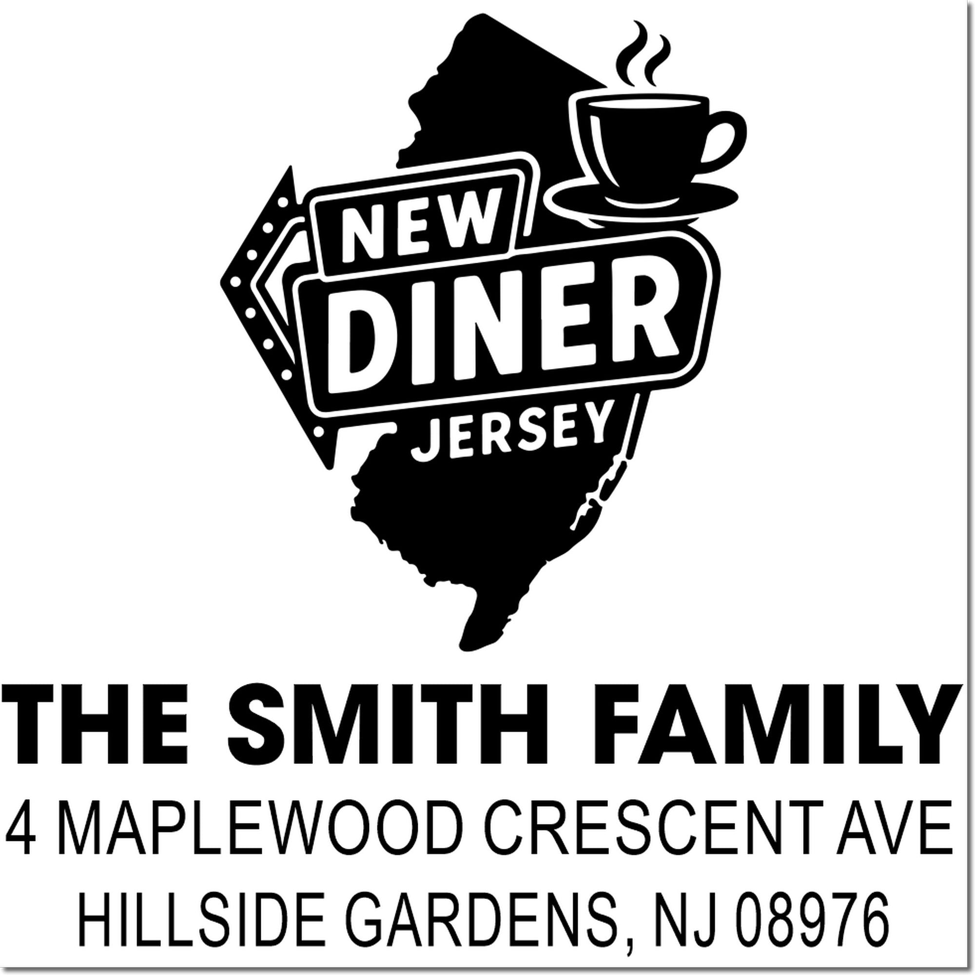 Custom New Jersey diner address rubber stamp for The Smith Family, with coffee cup icon and Hillside Gardens, NJ.