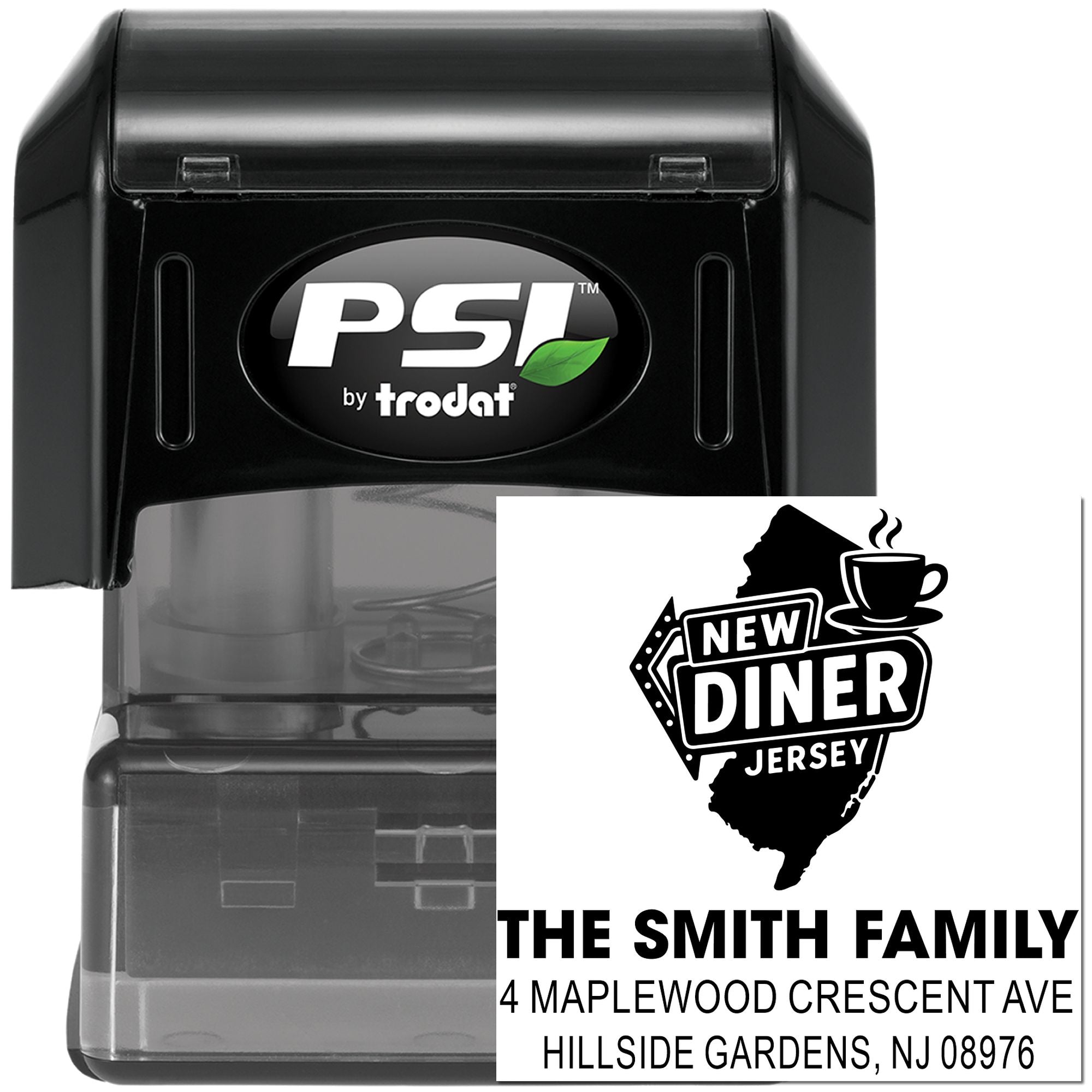 Custom self-inking rubber stamp by PSI Trodat with New Jersey diner design and personalized family address.