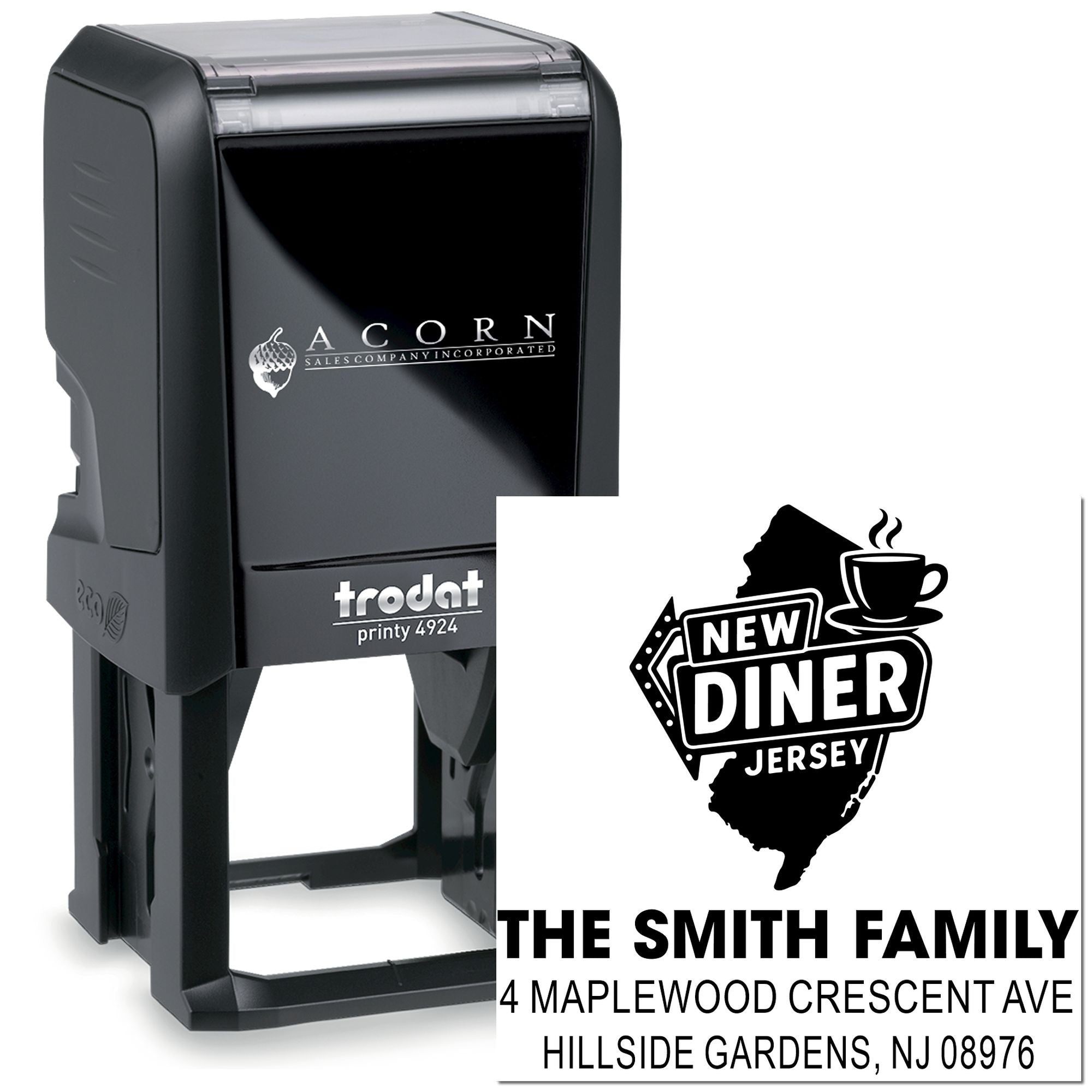 Custom self-inking rubber stamp for address and logo imprint, Trodat Printy 4924 with The Smith Family design.