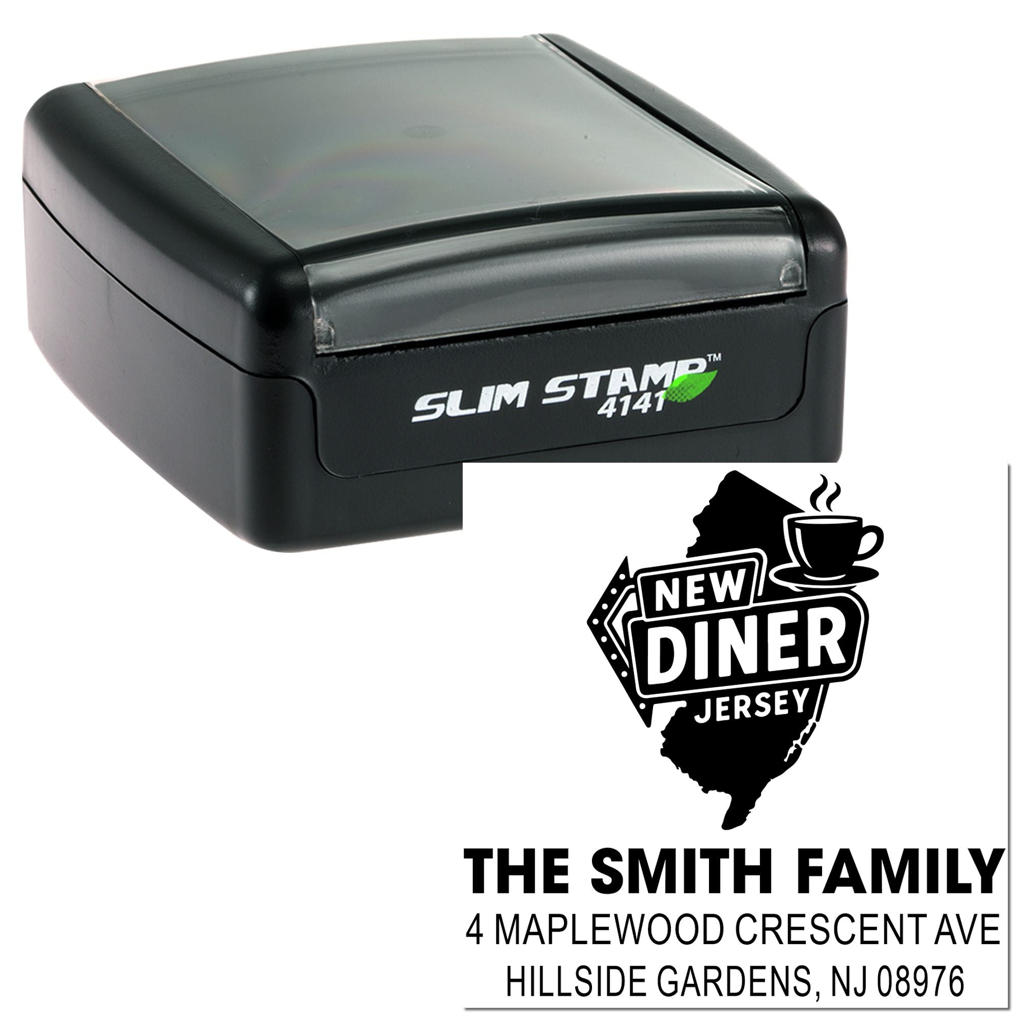 Custom Slim Stamp 4141 rubber stamp with New Jersey diner return address design for The Smith Family.