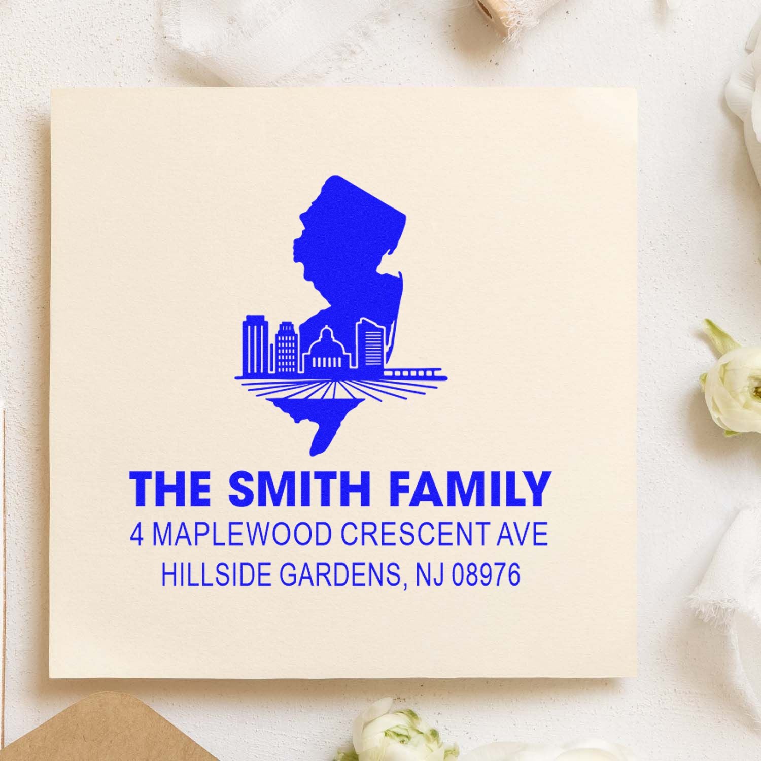 Custom return address rubber stamp for The Smith Family with New Jersey skyline and map silhouette design.