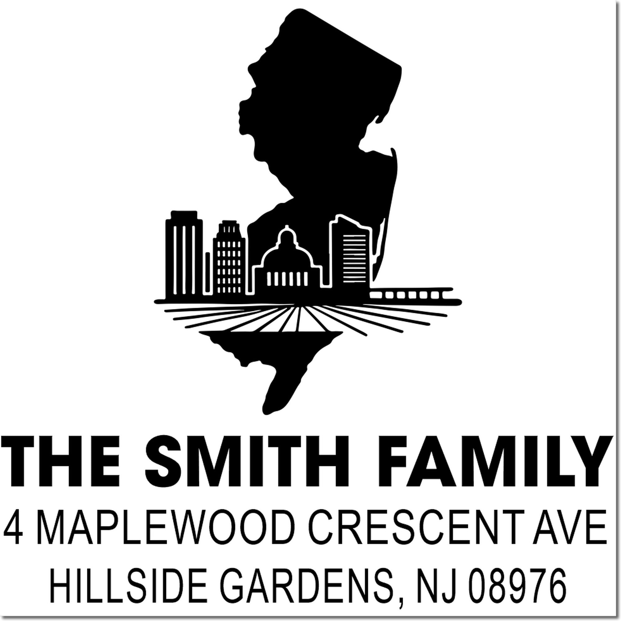 Personalized New Jersey return address rubber stamp for The Smith Family, featuring skyline design and Hillside Gardens address.
