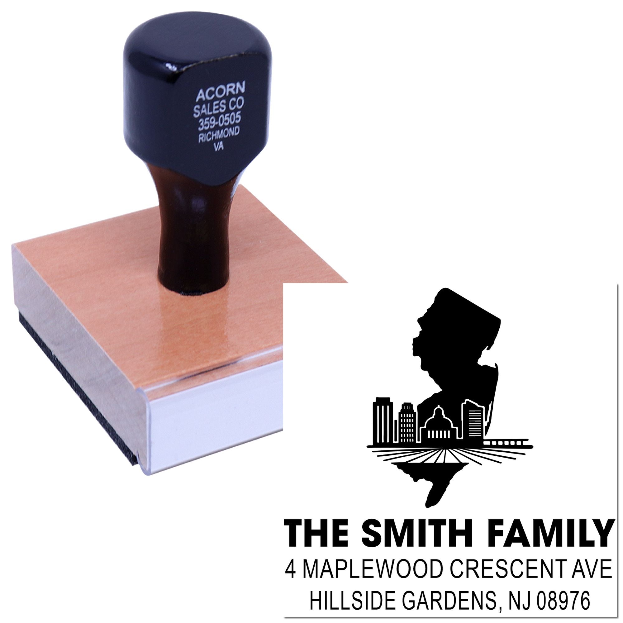 Personalized return address rubber stamp with New Jersey skyline design for The Smith Family, Hillside Gardens, NJ.