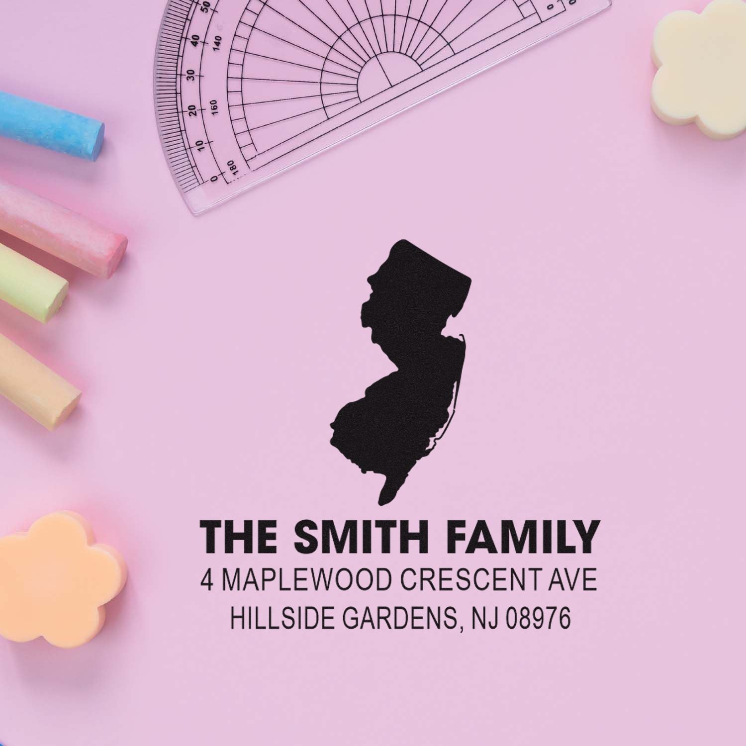 Personalized family return address rubber stamp with New Jersey silhouette, The Smith Family name and address.