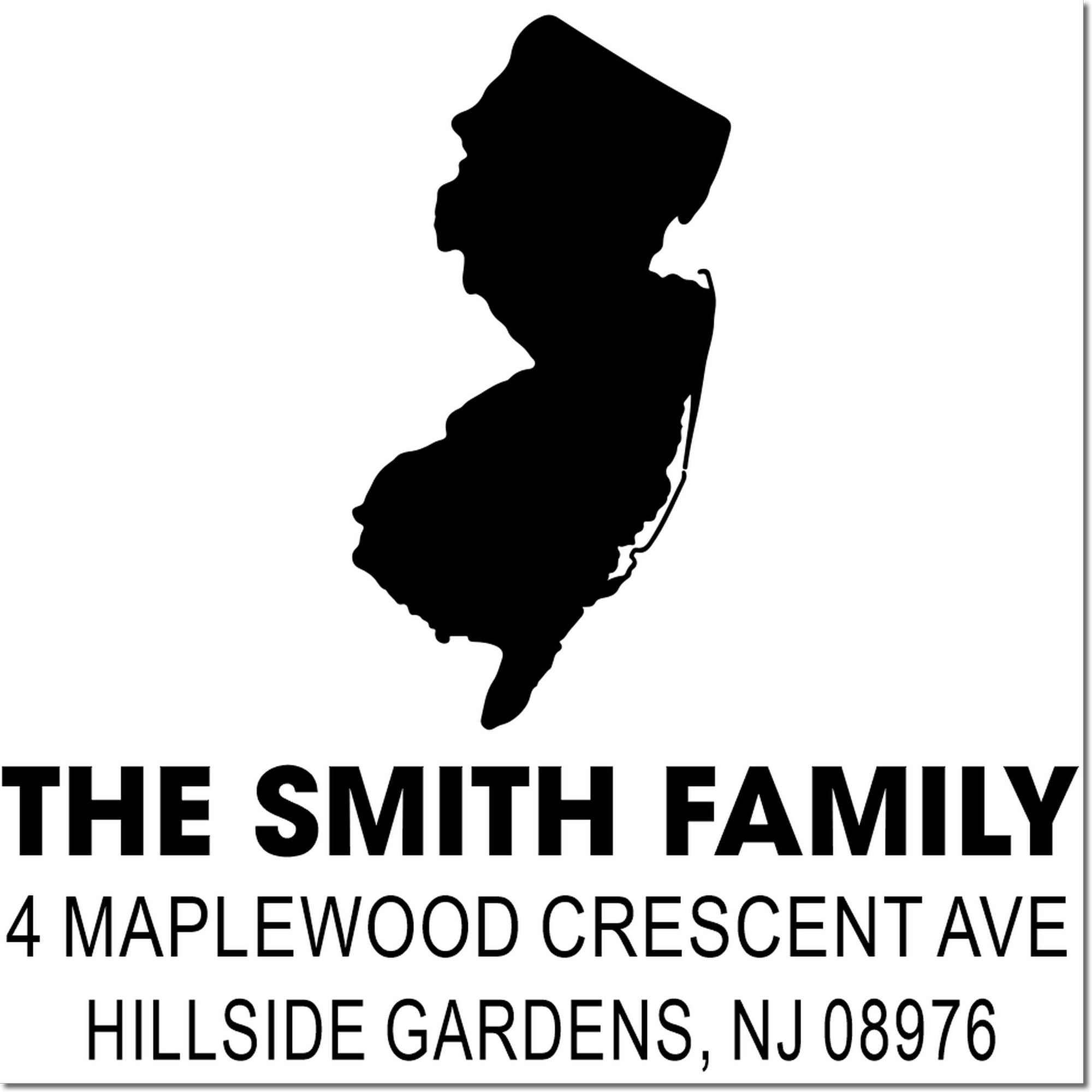 Custom New Jersey address rubber stamp for The Smith Family, 4 Maplewood Crescent Ave, Hillside Gardens, NJ 08976.