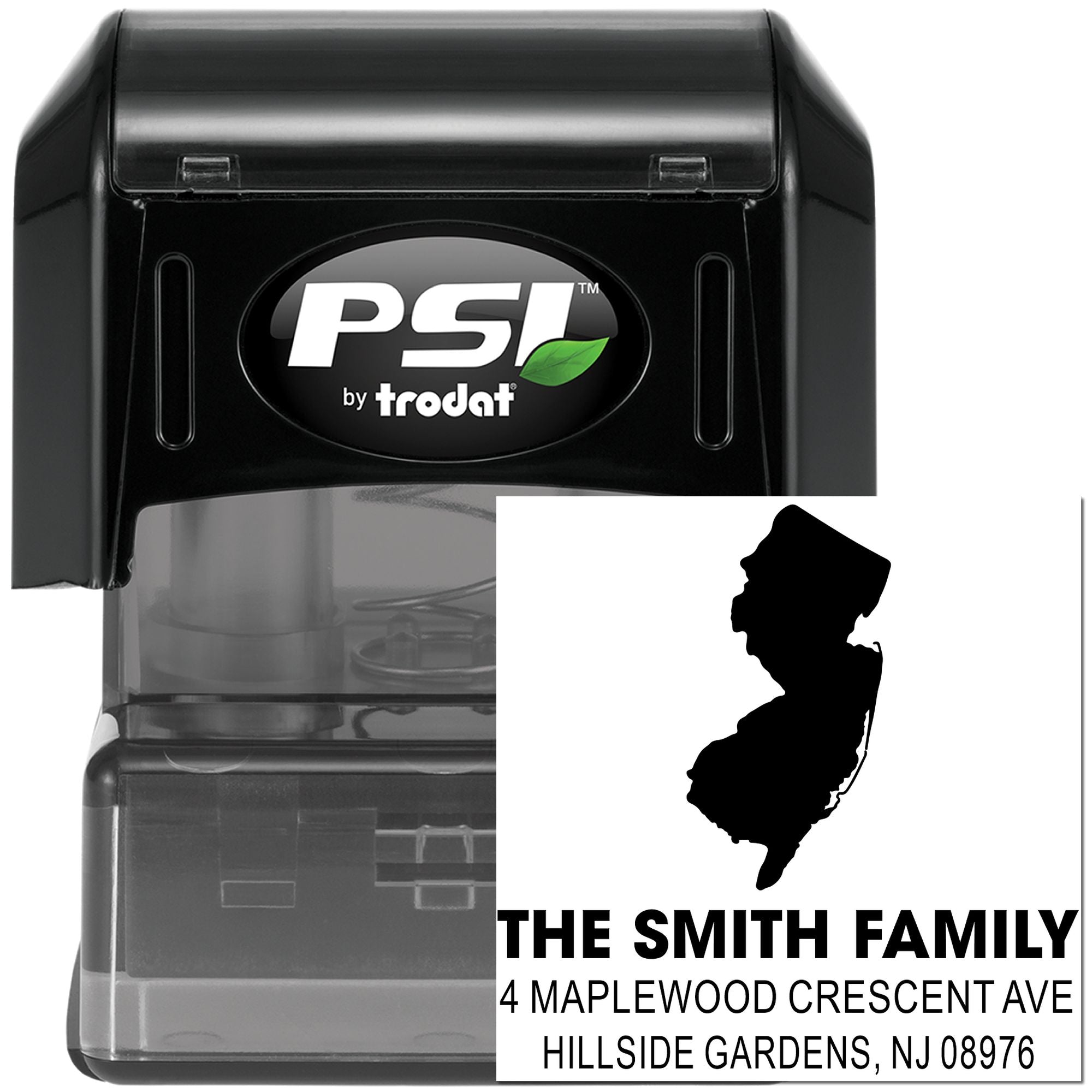 Custom self-inking address stamp by PSI Trodat with family name, state silhouette, and mailing address for home use