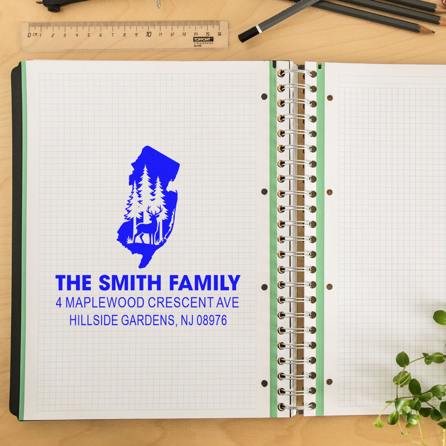Custom rubber address stamp proof for The Smith Family, featuring a New Jersey silhouette and return address.
